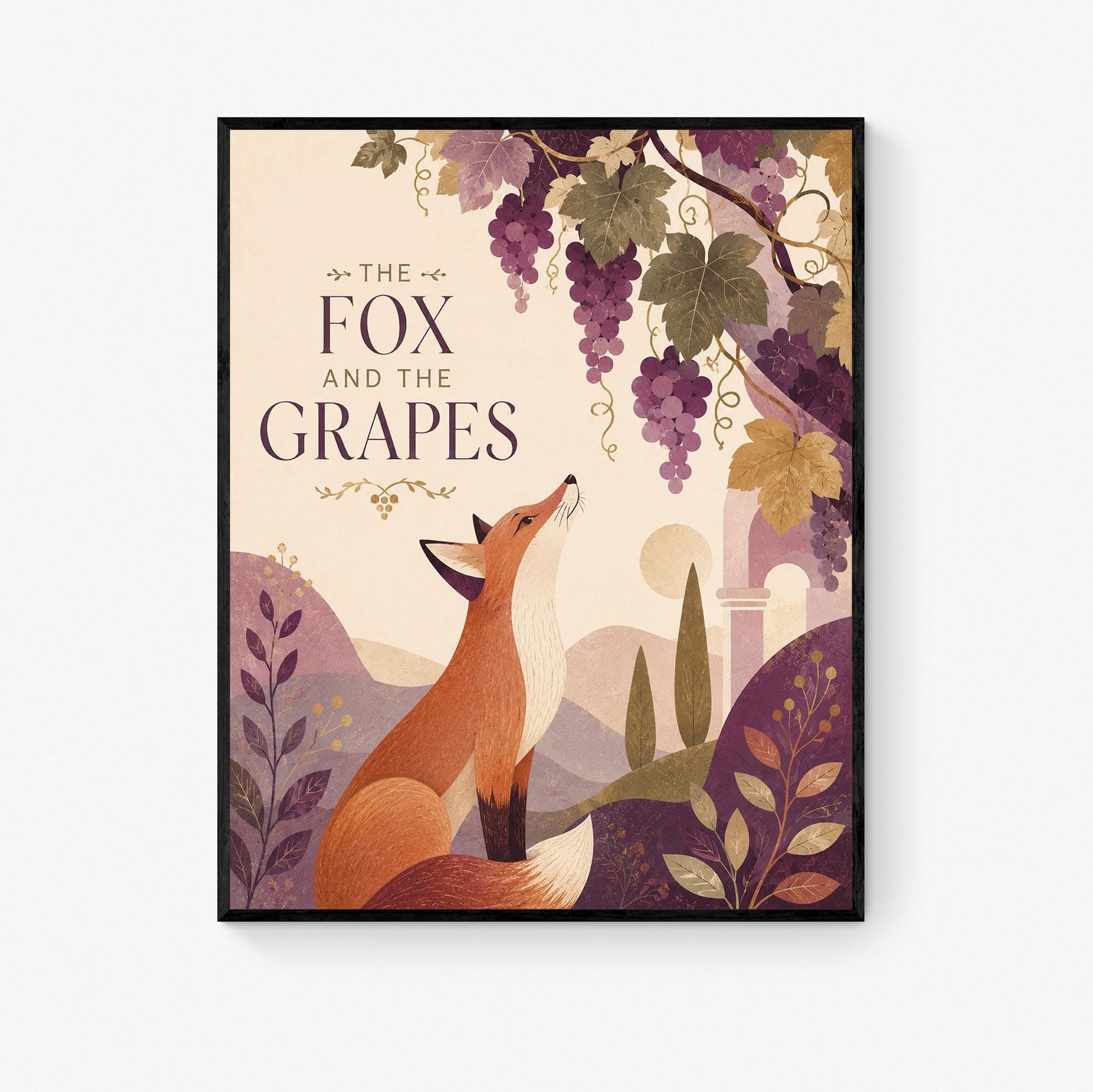 The Fox and the Grapes Nursery Wall Art Print | Aesop's Fable Home Decor | Reading Room | Kids Literature | Literary Illustration Poster