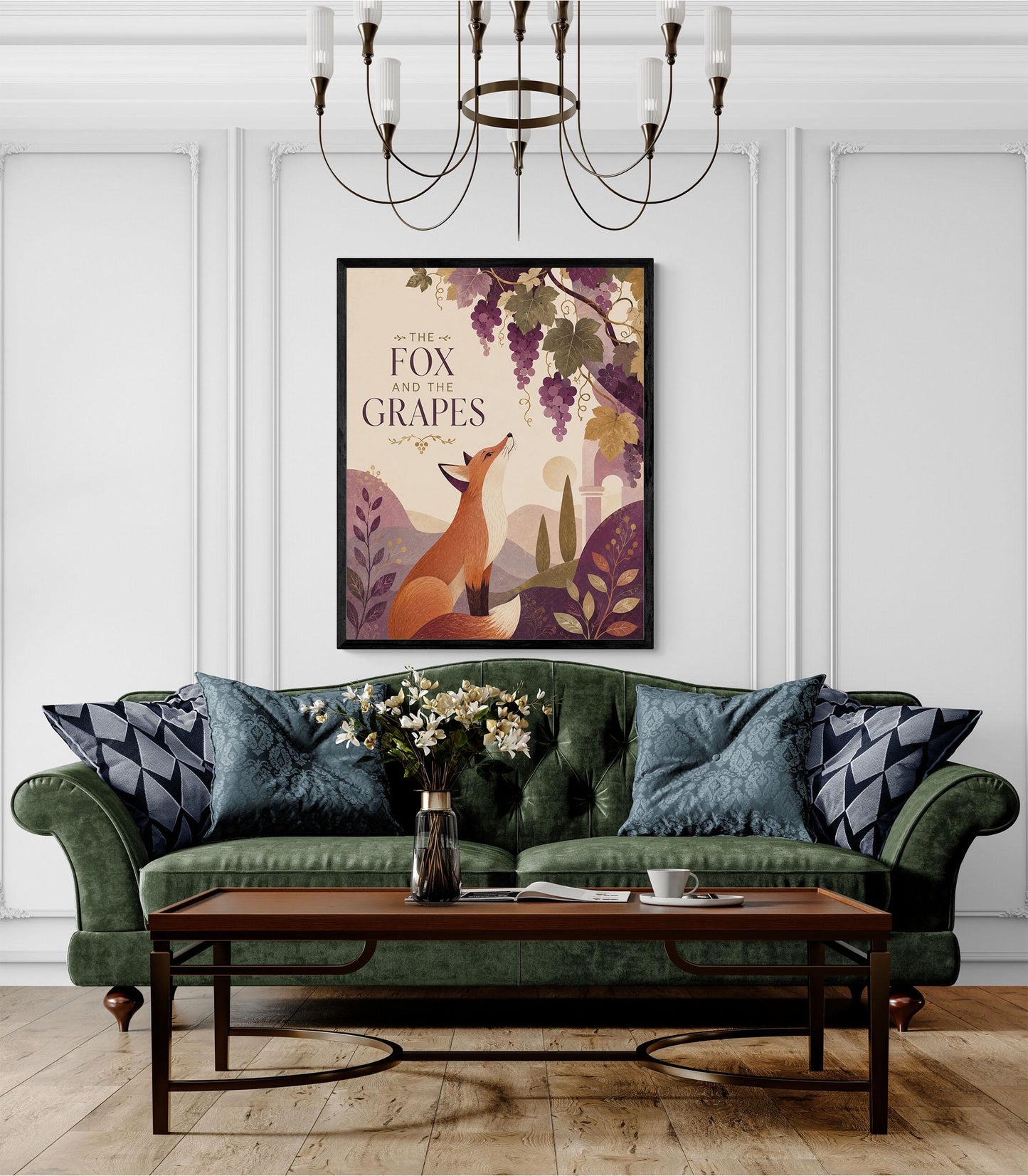 The Fox and the Grapes Nursery Wall Art Print | Aesop's Fable Home Decor | Reading Room | Kids Literature | Literary Illustration Poster