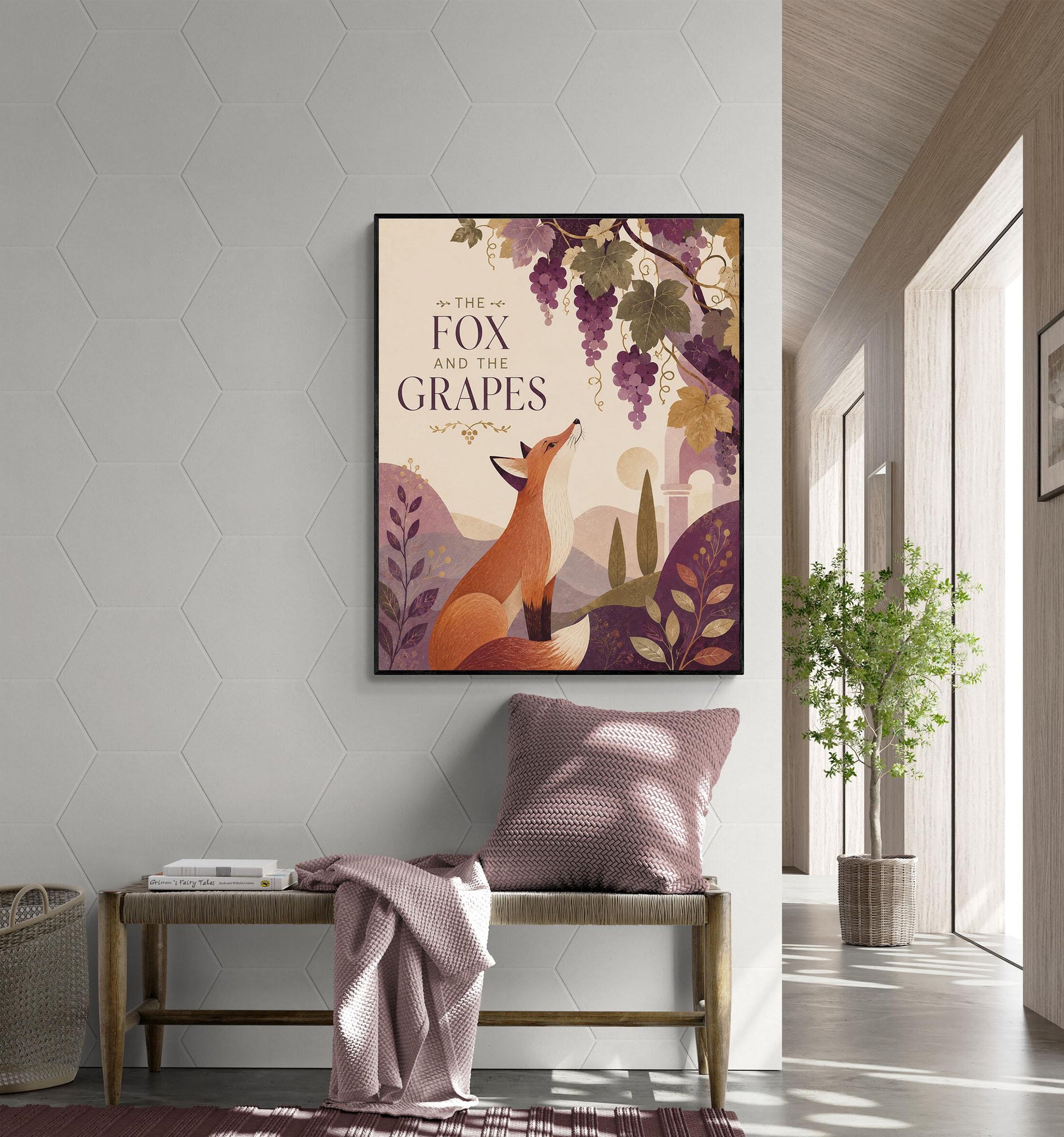 The Fox and the Grapes Nursery Wall Art Print | Aesop's Fable Home Decor | Reading Room | Kids Literature | Literary Illustration Poster
