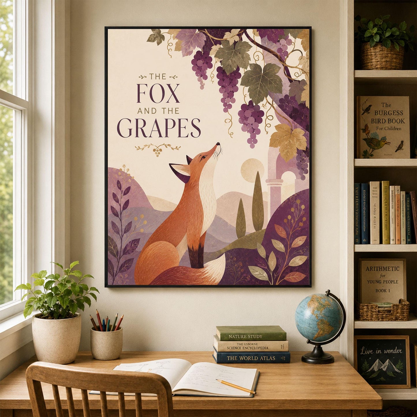 The Fox and the Grapes Nursery Wall Art Print | Aesop's Fable Home Decor | Reading Room | Kids Literature | Literary Illustration Poster
