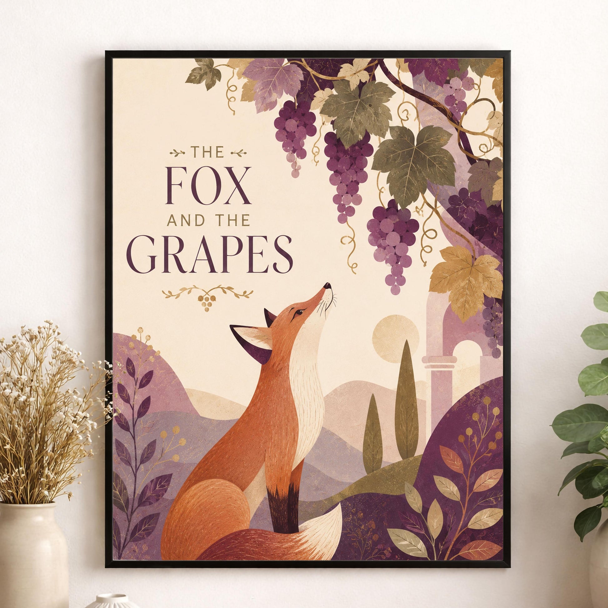 The Fox and the Grapes Nursery Wall Art Print | Aesop's Fable Home Decor | Reading Room | Kids Literature | Literary Illustration Poster
