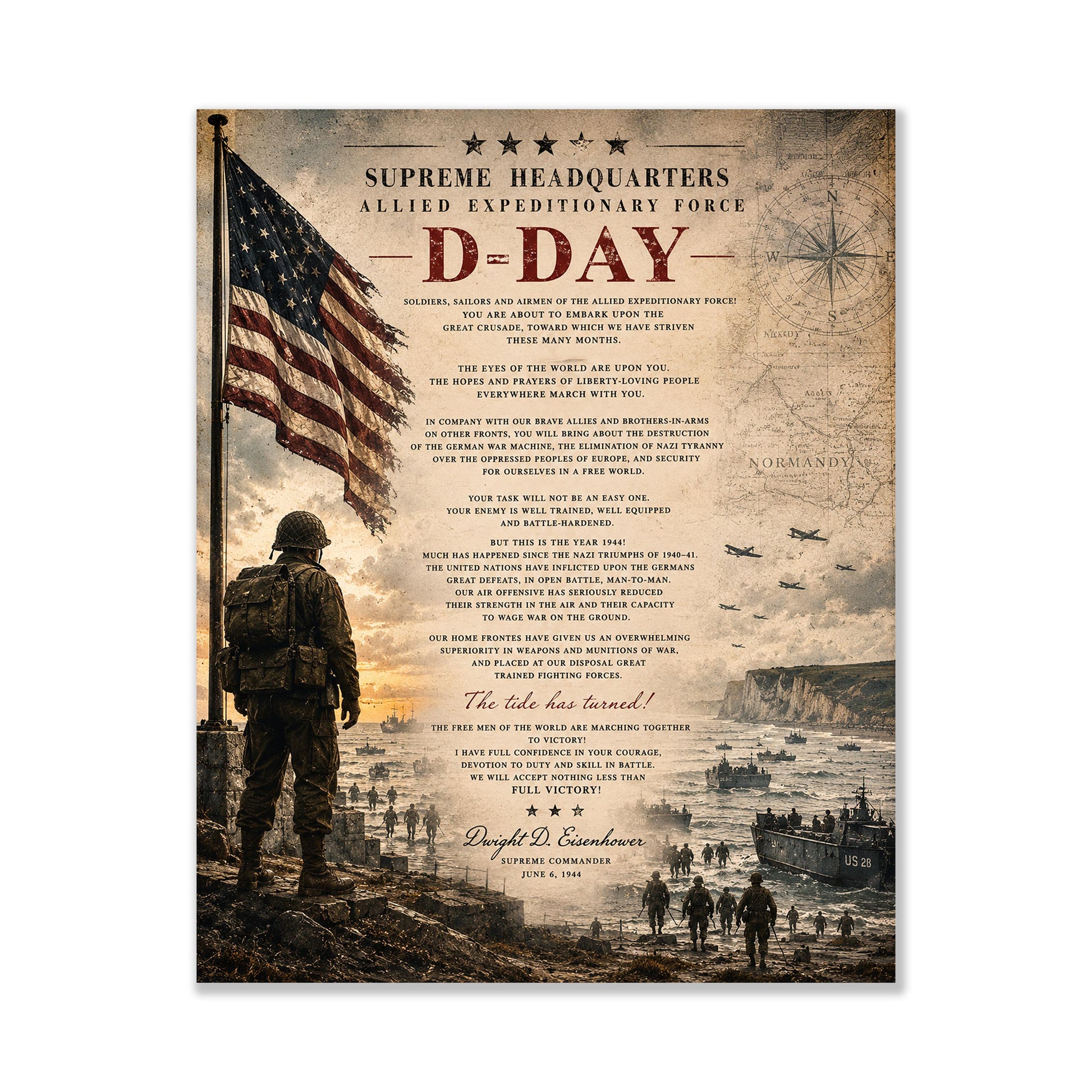 D-Day Eisenhower Order of the Day Wall Art Print | Normandy Invasion | Historical WWII | Vintage Patriotic Home Decor | Military Speech