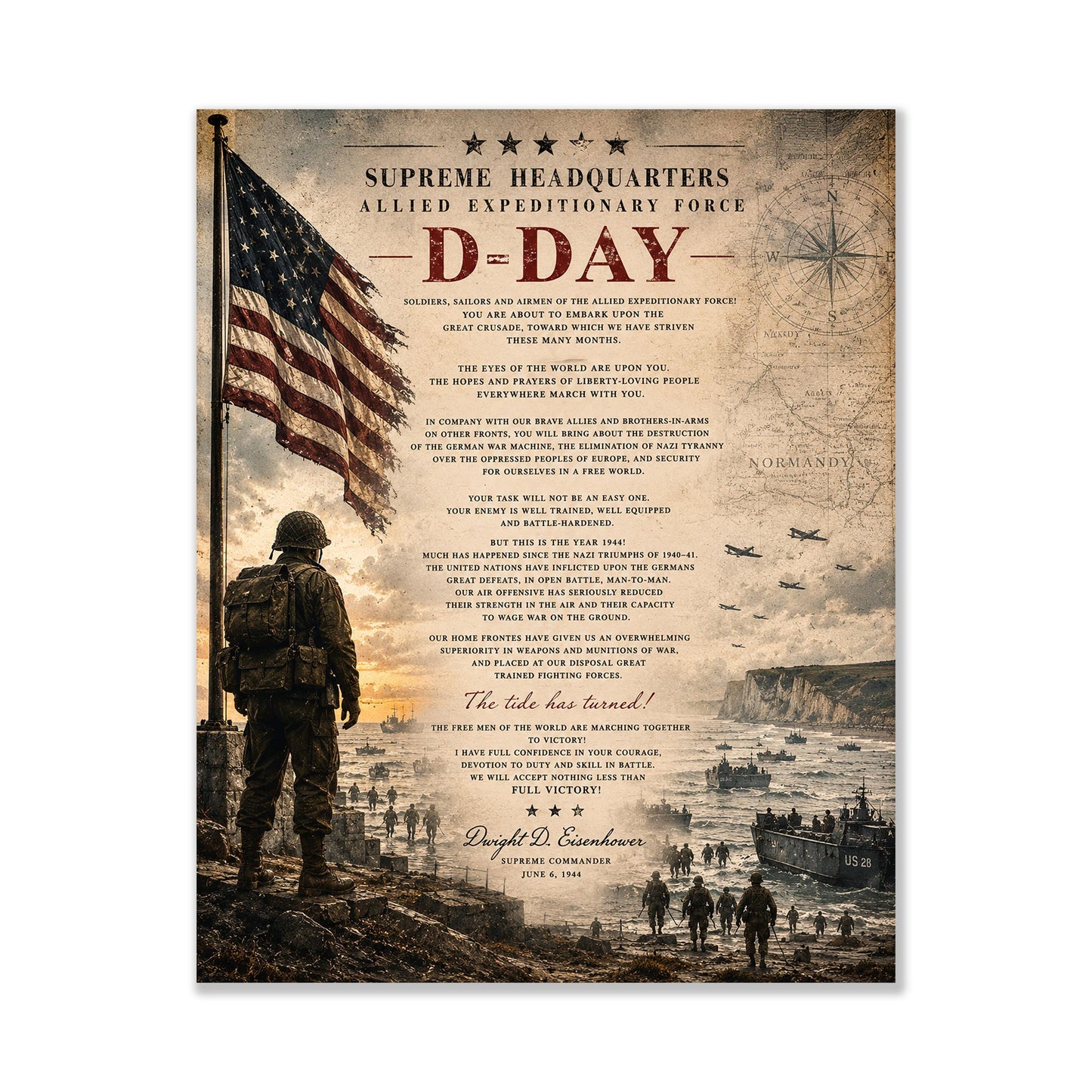 D-Day Eisenhower Order of the Day Wall Art Print | Normandy Invasion | Historical WWII | Vintage Patriotic Home Decor | Military Speech