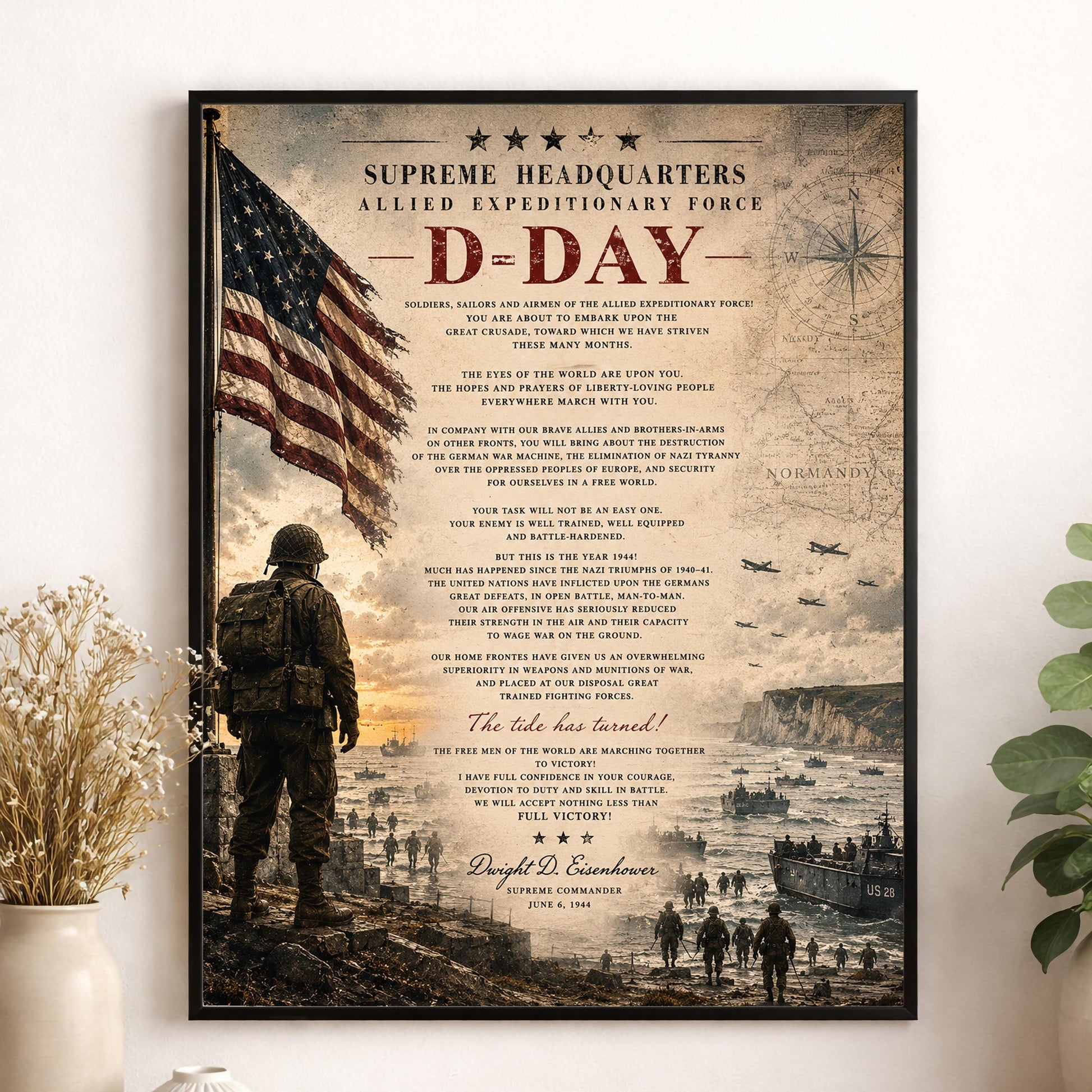 D-Day Eisenhower Order of the Day Wall Art Print | Normandy Invasion | Historical WWII | Vintage Patriotic Home Decor | Military Speech