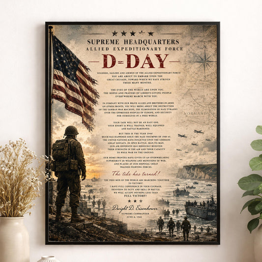 D-Day Eisenhower Order of the Day Wall Art Print | Normandy Invasion | Historical WWII | Vintage Patriotic Home Decor | Military Speech