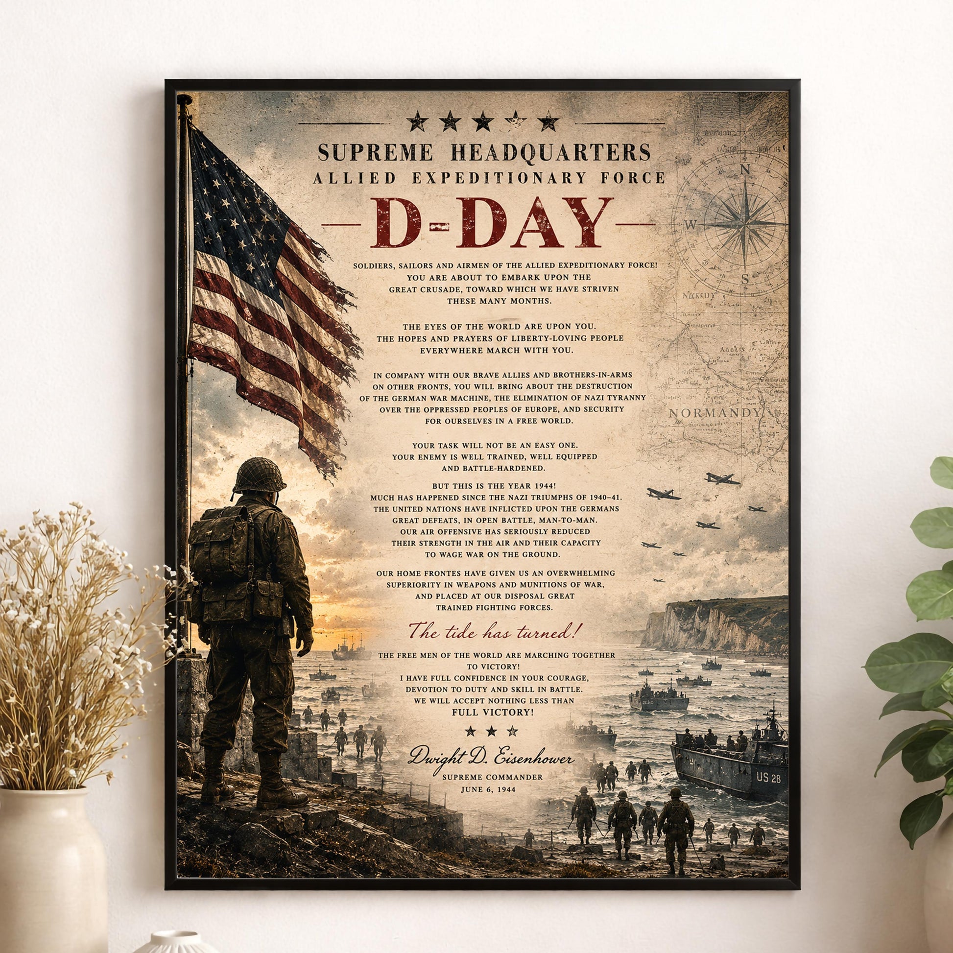 D-Day Eisenhower Order of the Day Wall Art Print | Normandy Invasion | Historical WWII | Vintage Patriotic Home Decor | Military Speech
