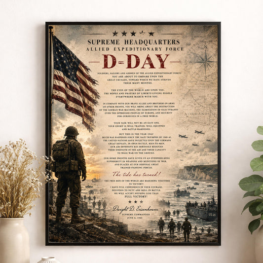 D-Day Eisenhower Order of the Day Wall Art Print | Normandy Invasion | Historical WWII | Vintage Patriotic Home Decor | Military Speech