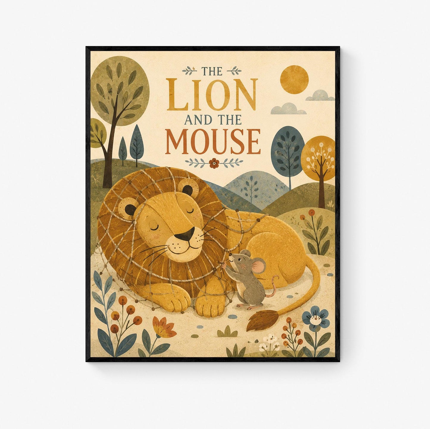The Lion and the Mouse Nursery Wall Art Print | Aesop's Fable Home Decor | Reading Room | Kids Literature | Literary Illustration Poster