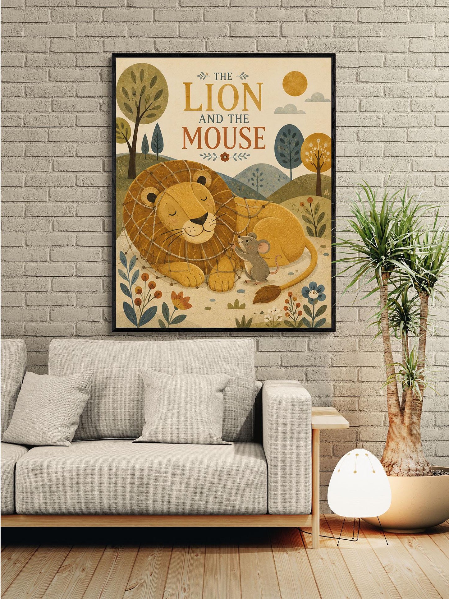 The Lion and the Mouse Nursery Wall Art Print | Aesop's Fable Home Decor | Reading Room | Kids Literature | Literary Illustration Poster