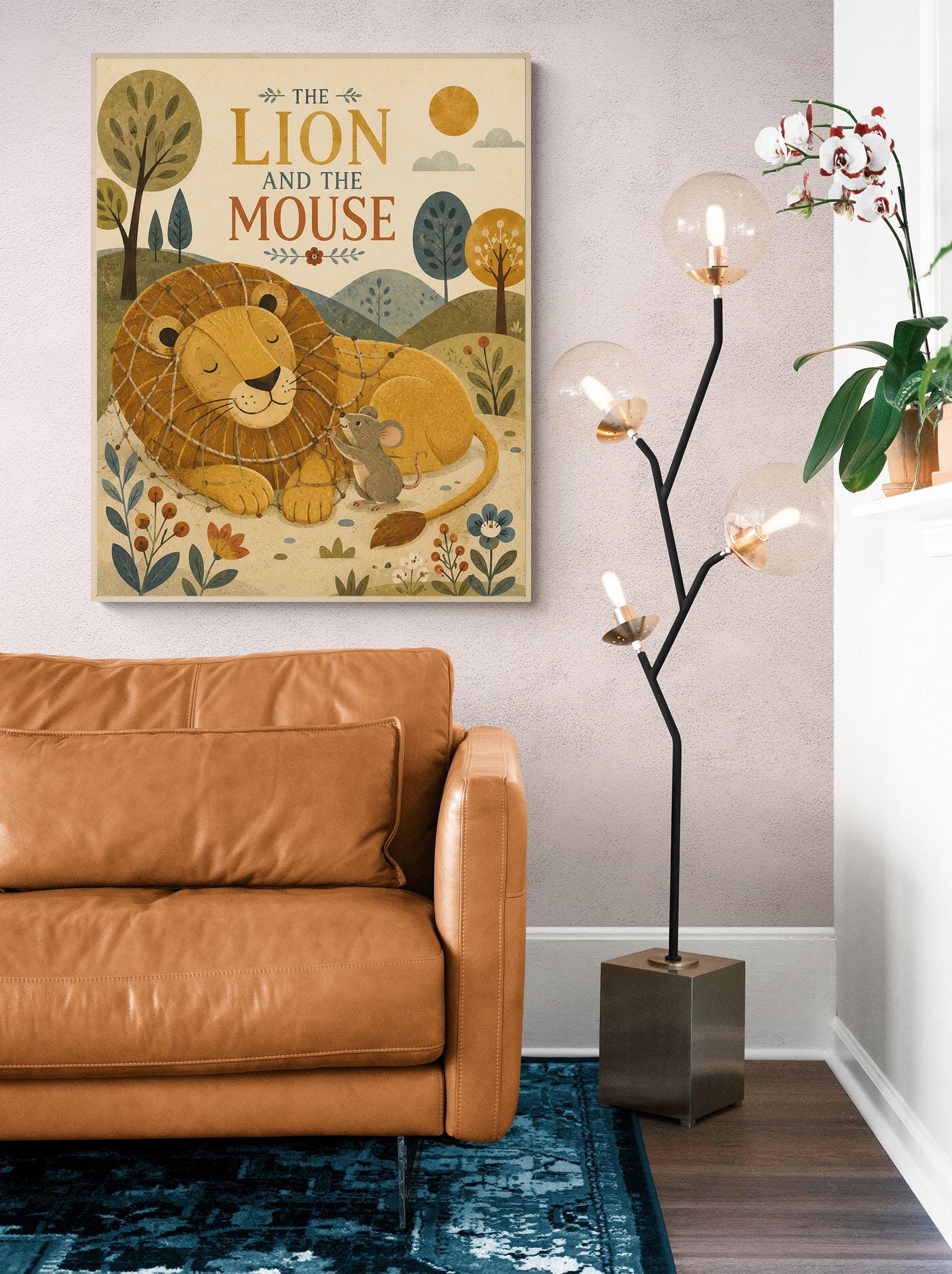 The Lion and the Mouse Nursery Wall Art Print | Aesop's Fable Home Decor | Reading Room | Kids Literature | Literary Illustration Poster