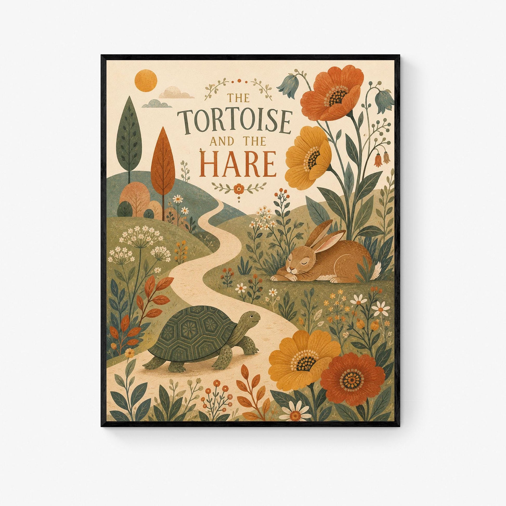 The Tortoise and the Hare Nursery Wall Art Print | Aesop's Fable Home Decor | Reading Room | Kids Literature | Literary Illustration Poster
