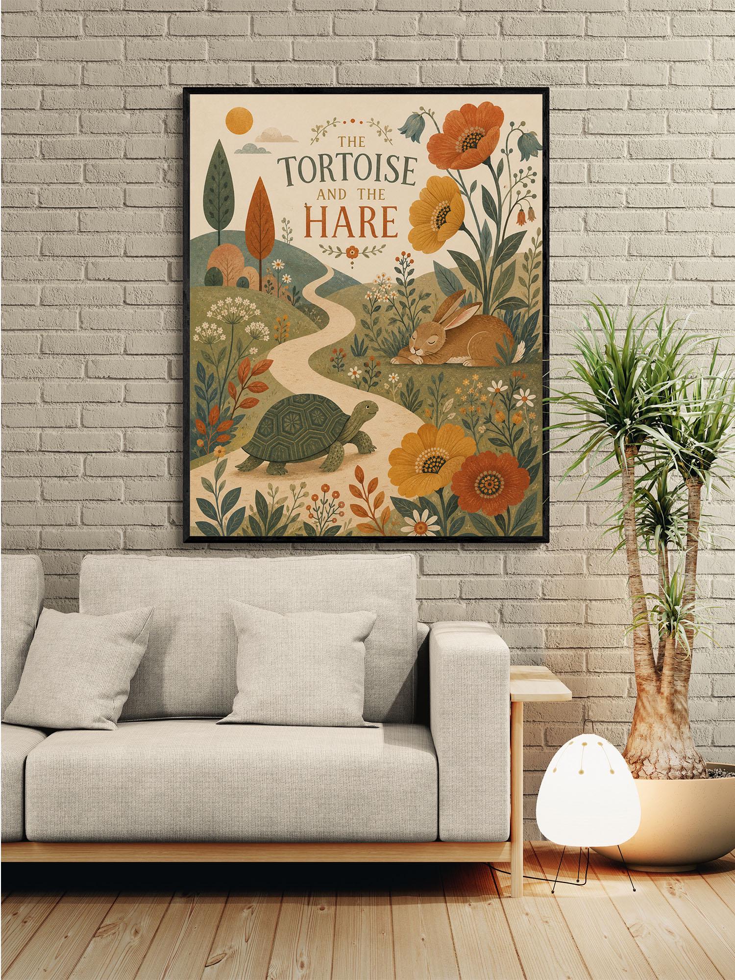 The Tortoise and the Hare Nursery Wall Art Print | Aesop's Fable Home Decor | Reading Room | Kids Literature | Literary Illustration Poster