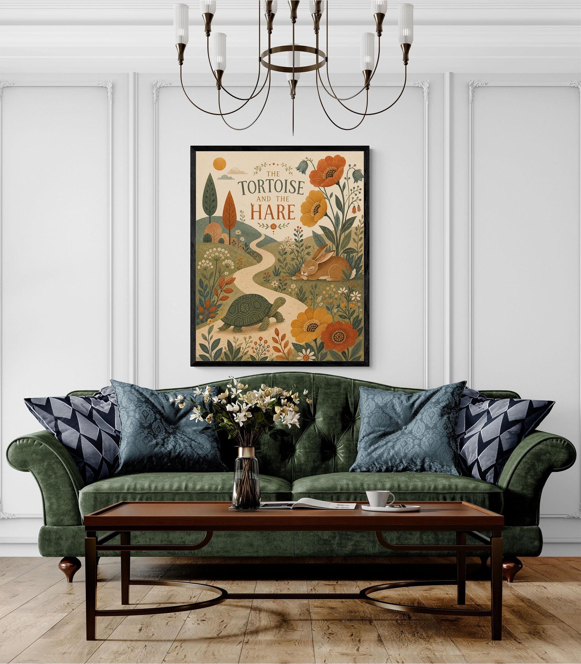 The Tortoise and the Hare Nursery Wall Art Print | Aesop's Fable Home Decor | Reading Room | Kids Literature | Literary Illustration Poster