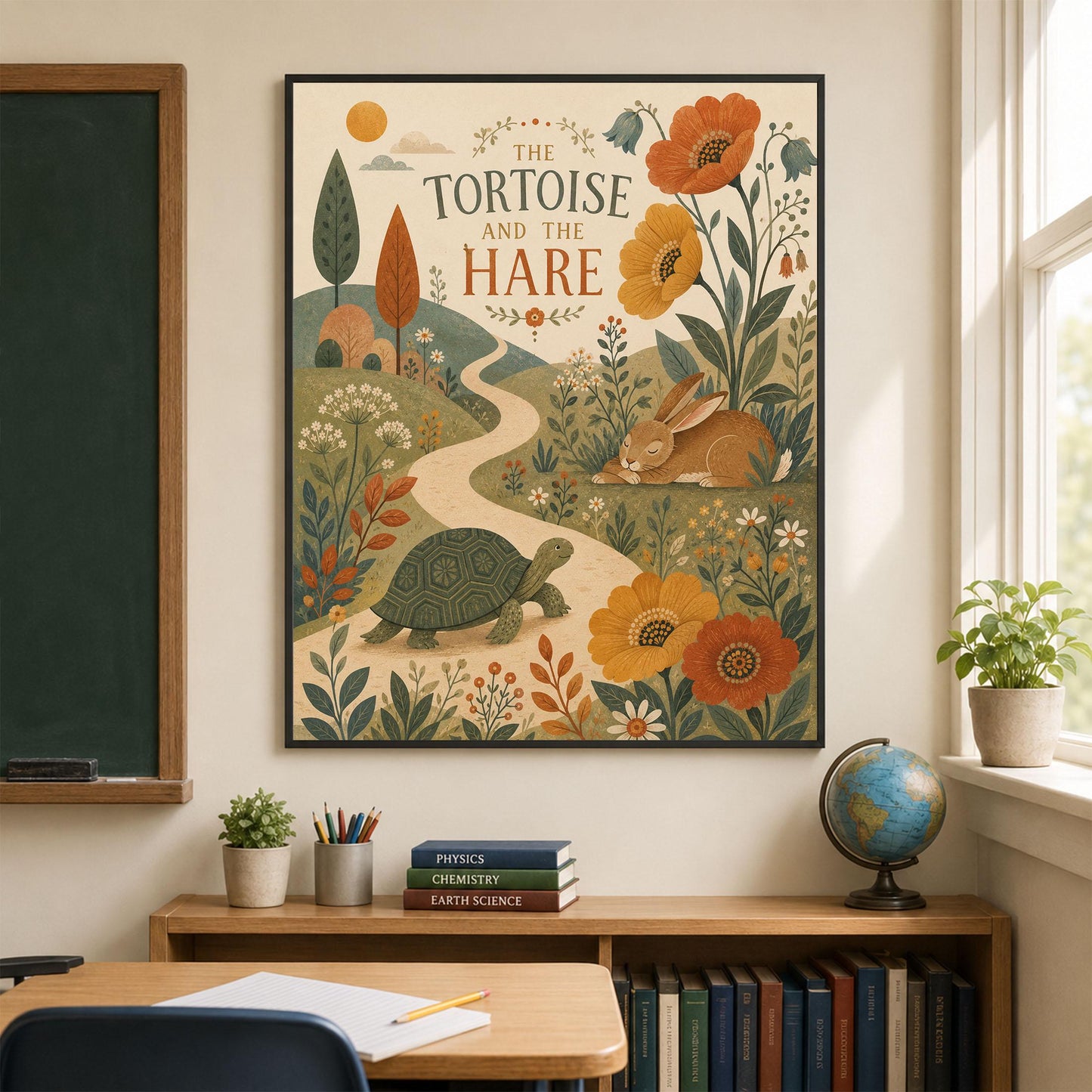 The Tortoise and the Hare Nursery Wall Art Print | Aesop's Fable Home Decor | Reading Room | Kids Literature | Literary Illustration Poster