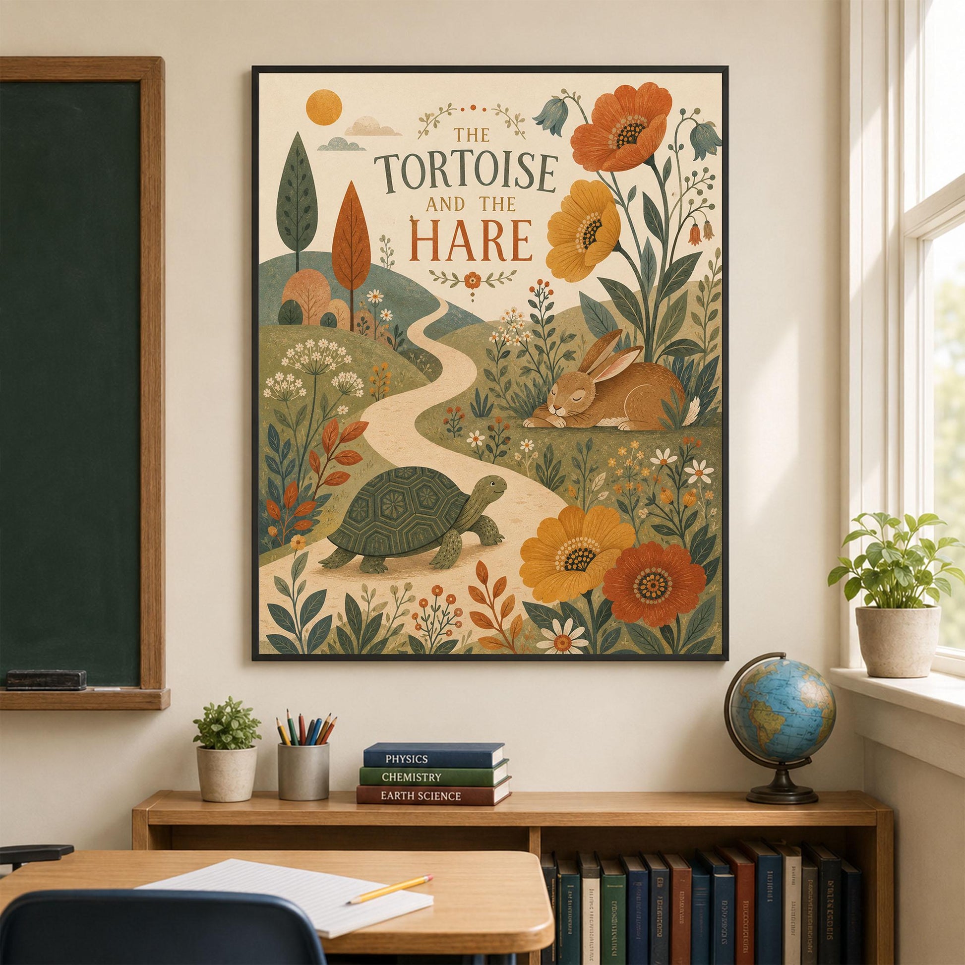 The Tortoise and the Hare Nursery Wall Art Print | Aesop's Fable Home Decor | Reading Room | Kids Literature | Literary Illustration Poster
