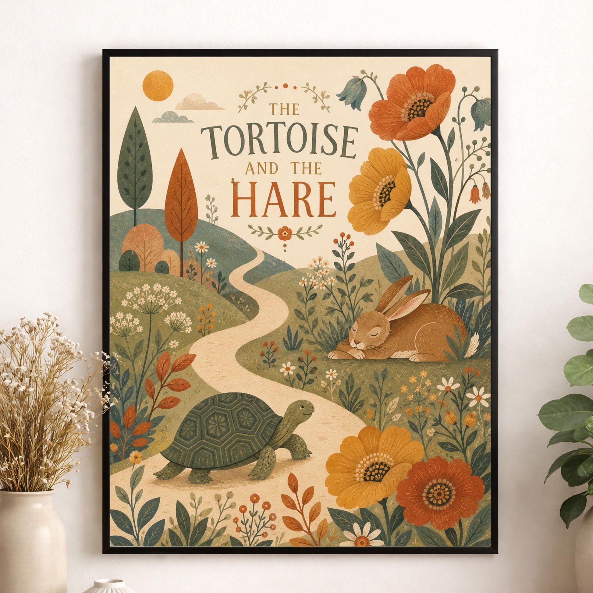 The Tortoise and the Hare Nursery Wall Art Print | Aesop's Fable Home Decor | Reading Room | Kids Literature | Literary Illustration Poster