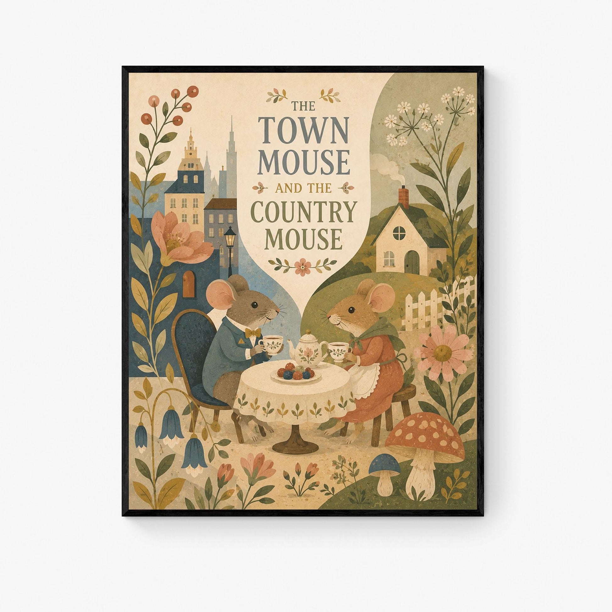 The Town Mouse and the Country Mouse Nursery Wall Art Print | Aesop's Fable Home Decor | Reading Room | Kids | Literary Illustration Poster