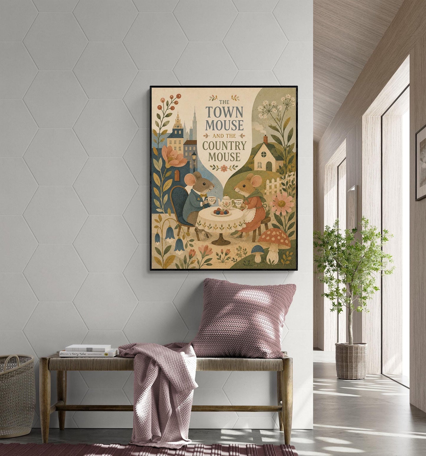 The Town Mouse and the Country Mouse Nursery Wall Art Print | Aesop's Fable Home Decor | Reading Room | Kids | Literary Illustration Poster