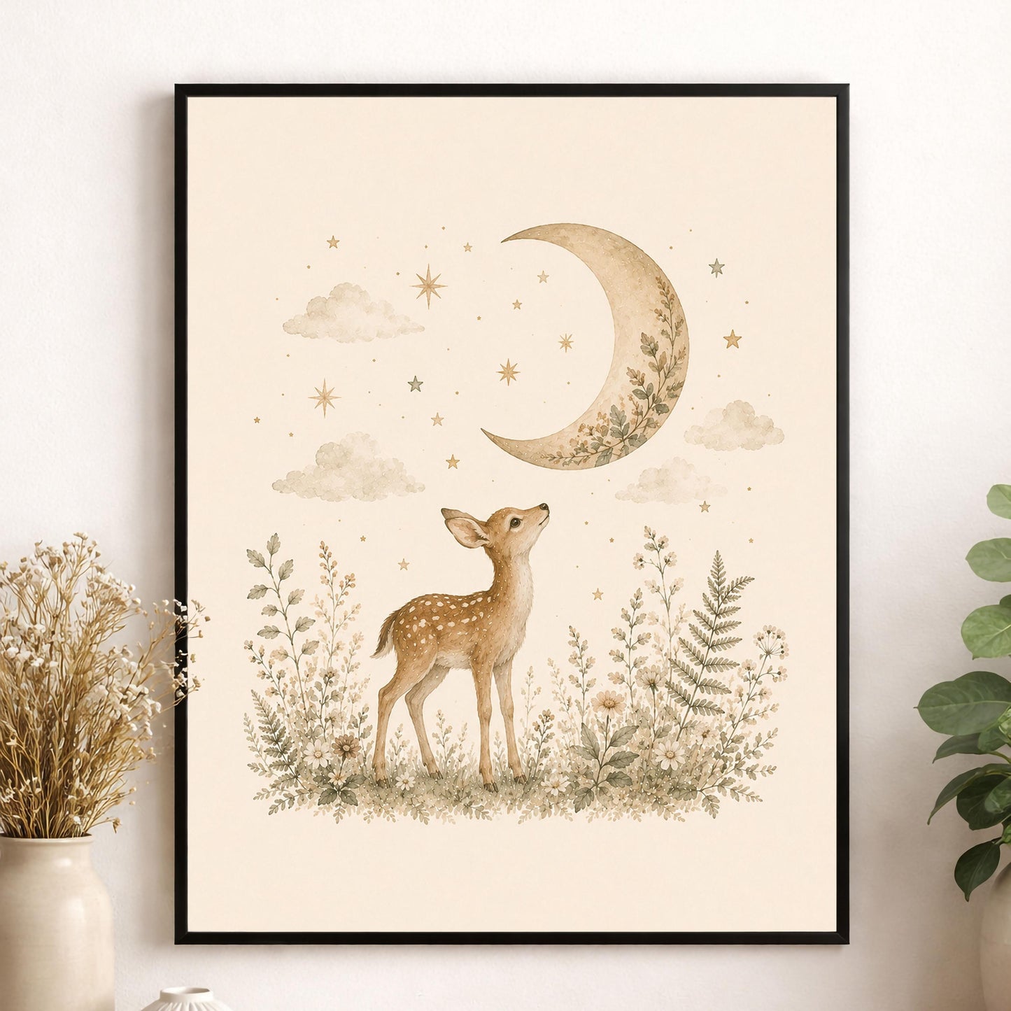 Moonlit Baby Deer Fawn Nursery Wall Art Print | Children’s Home Decor | Woodland Animal | For Boy | Kids | Girl | Cottage core | Artwork