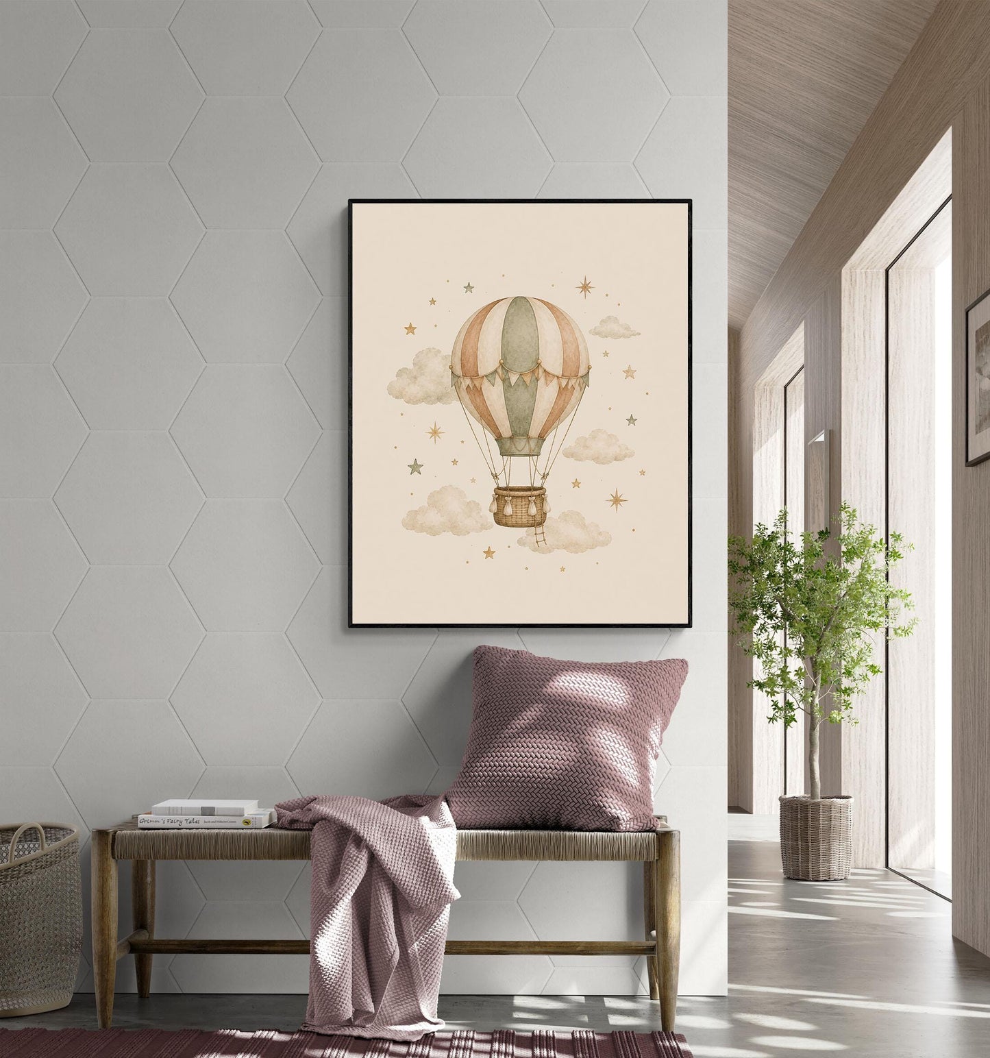 Hot Air Balloon Nursery Wall Art Print | Children’s Home Decor | Night Sky | Boho | For Boy | Kids | Girl | Cottage core | Artwork