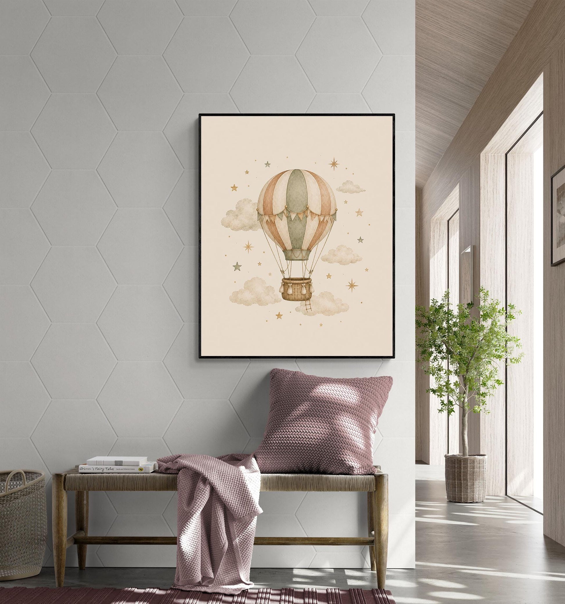 Hot Air Balloon Nursery Wall Art Print | Children’s Home Decor | Night Sky | Boho | For Boy | Kids | Girl | Cottage core | Artwork