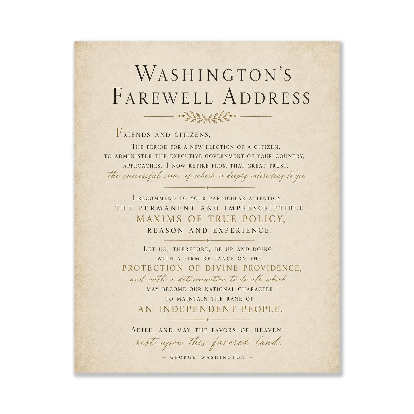 George Washington's Farewell Address Wall Art Print | American Revolution | Historical Americana | Vintage Patriotic Home Decor