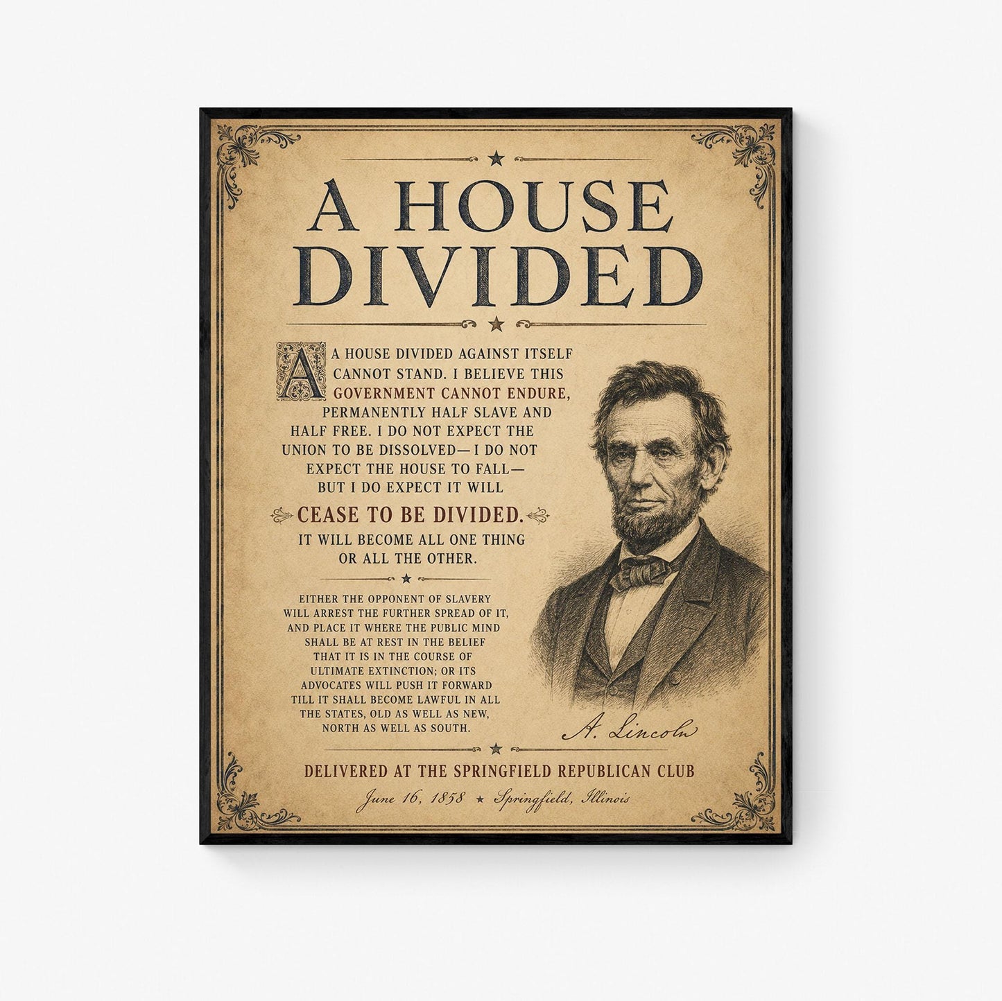 Abraham Lincoln House Divided Speech Wall Art Print | American Civil War | Historical Americana | Vintage Patriotic | Beige Home Decor