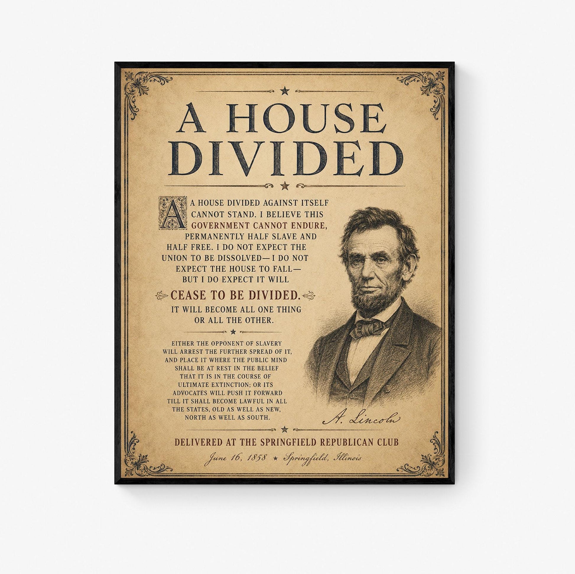 Abraham Lincoln House Divided Speech Wall Art Print | American Civil War | Historical Americana | Vintage Patriotic | Beige Home Decor