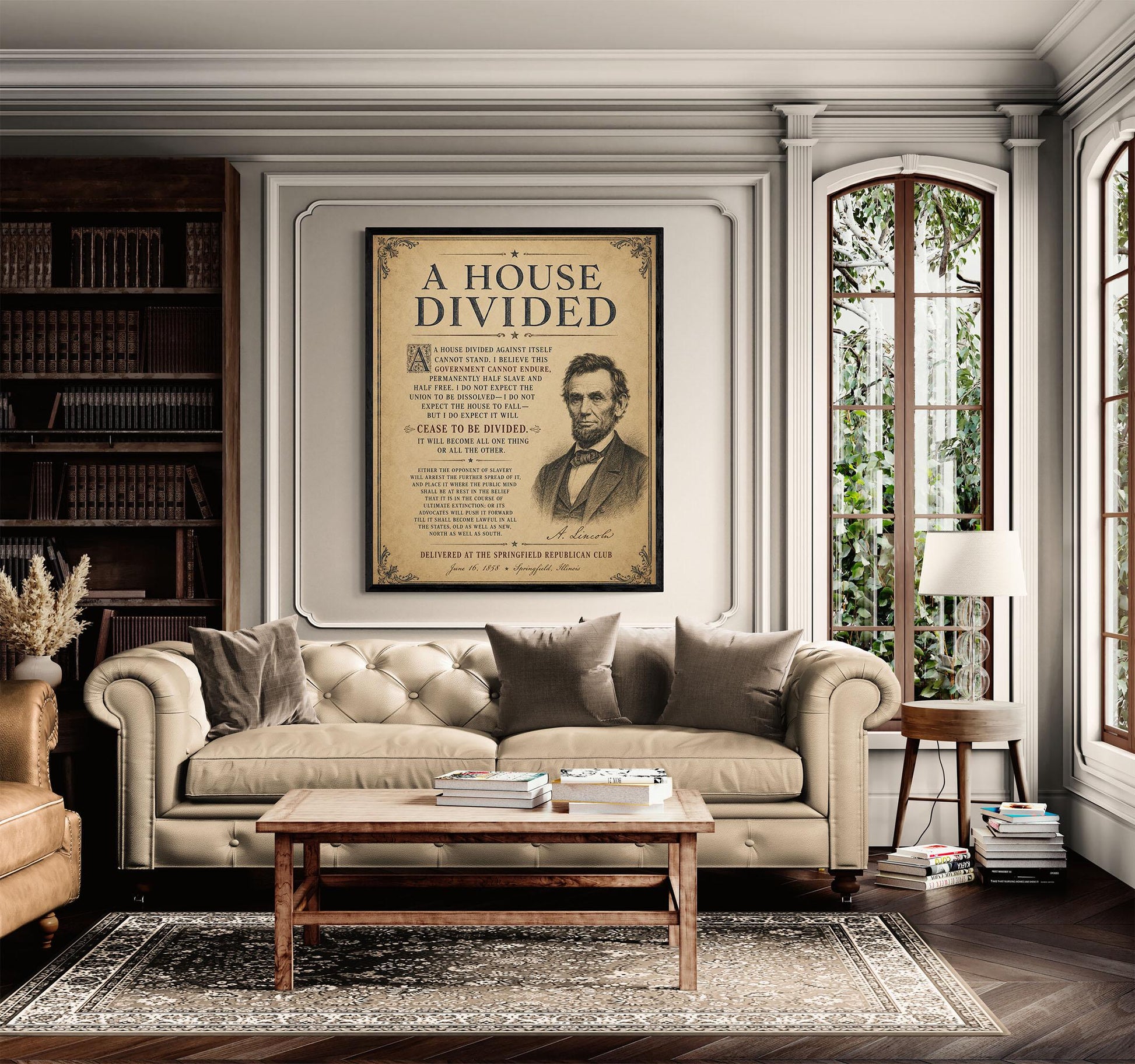 Abraham Lincoln House Divided Speech Wall Art Print | American Civil War | Historical Americana | Vintage Patriotic | Beige Home Decor