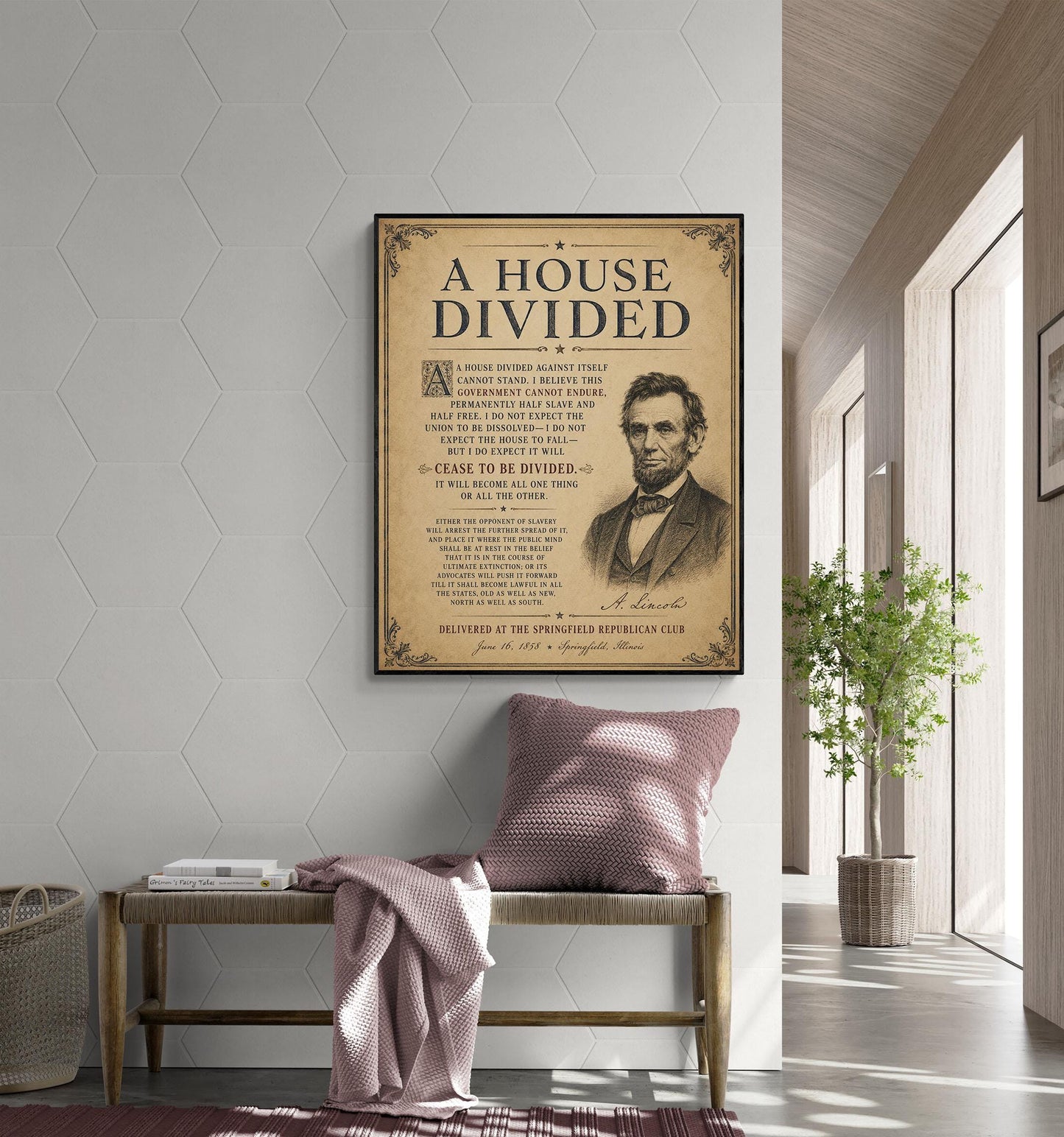 Abraham Lincoln House Divided Speech Wall Art Print | American Civil War | Historical Americana | Vintage Patriotic | Beige Home Decor
