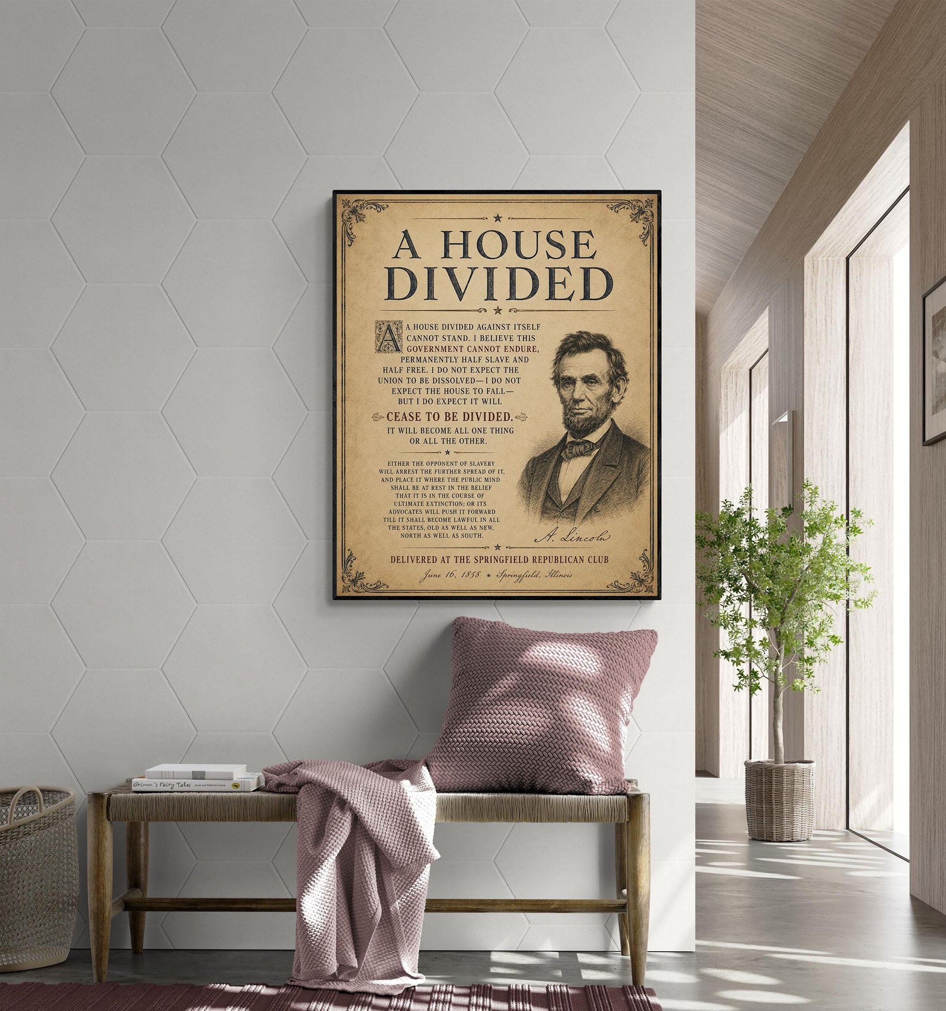 Abraham Lincoln House Divided Speech Wall Art Print | American Civil War | Historical Americana | Vintage Patriotic | Beige Home Decor