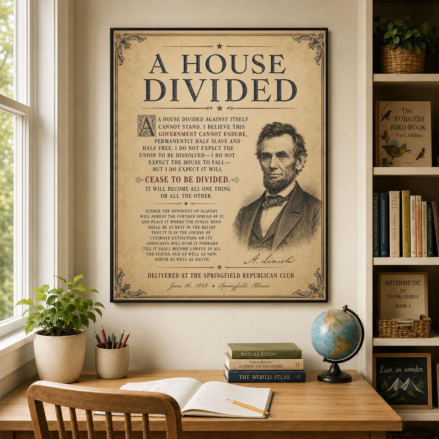 Abraham Lincoln House Divided Speech Wall Art Print | American Civil War | Historical Americana | Vintage Patriotic | Beige Home Decor