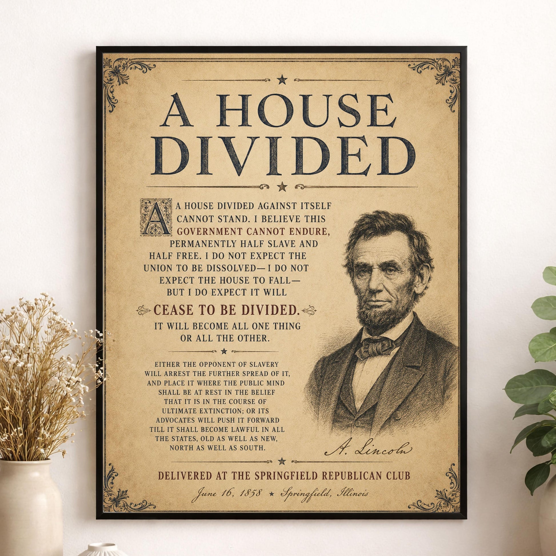 Abraham Lincoln House Divided Speech Wall Art Print | American Civil War | Historical Americana | Vintage Patriotic | Beige Home Decor