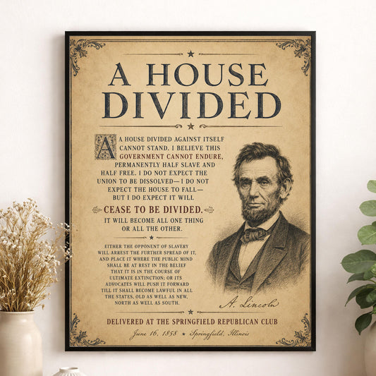 Abraham Lincoln House Divided Speech Wall Art Print | American Civil War | Historical Americana | Vintage Patriotic | Beige Home Decor