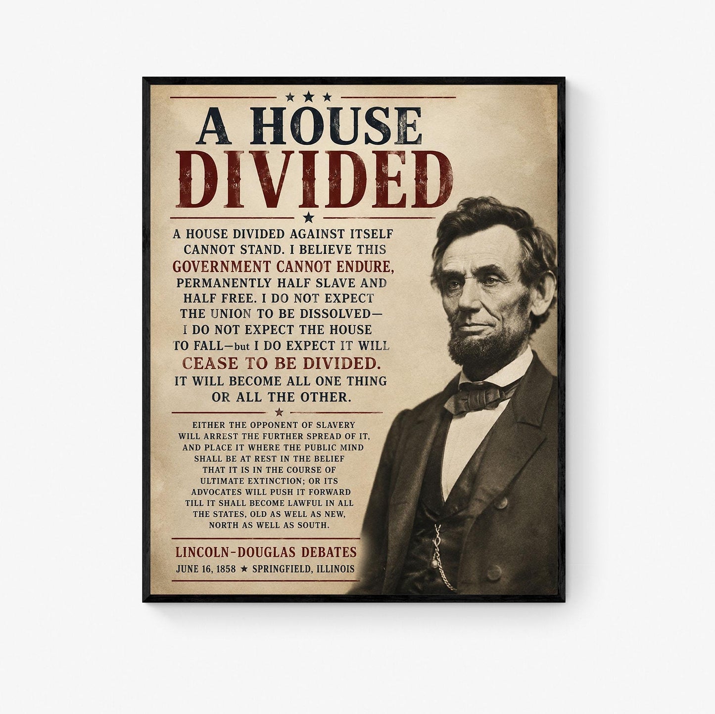 Abraham Lincoln House Divided Speech Wall Art Print | American Civil War | Historical Americana | Beige Vintage Patriotic | Home Decor