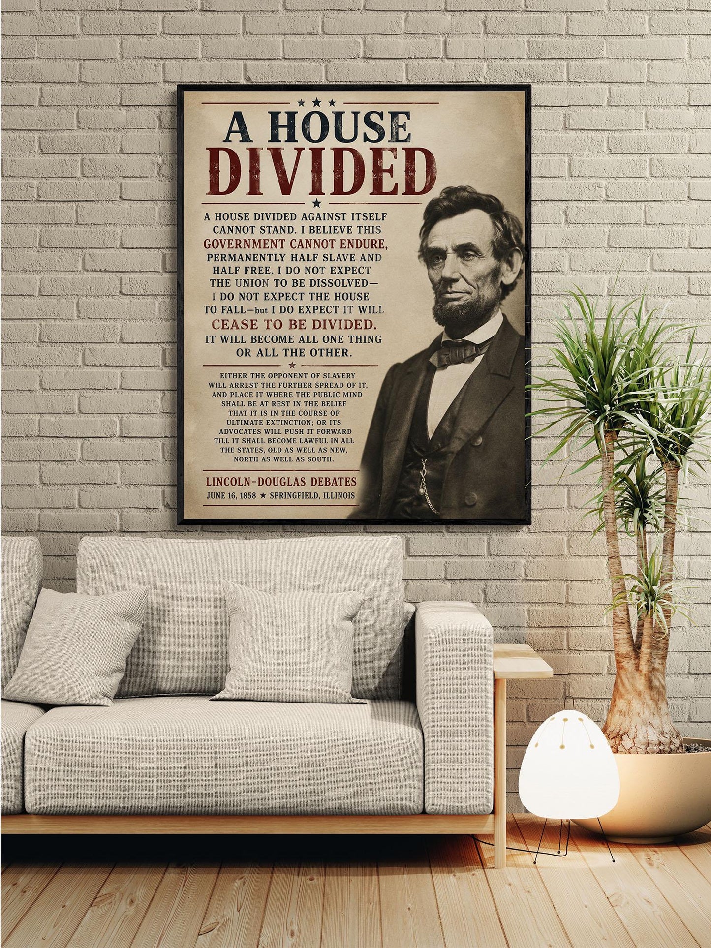 Abraham Lincoln House Divided Speech Wall Art Print | American Civil War | Historical Americana | Beige Vintage Patriotic | Home Decor