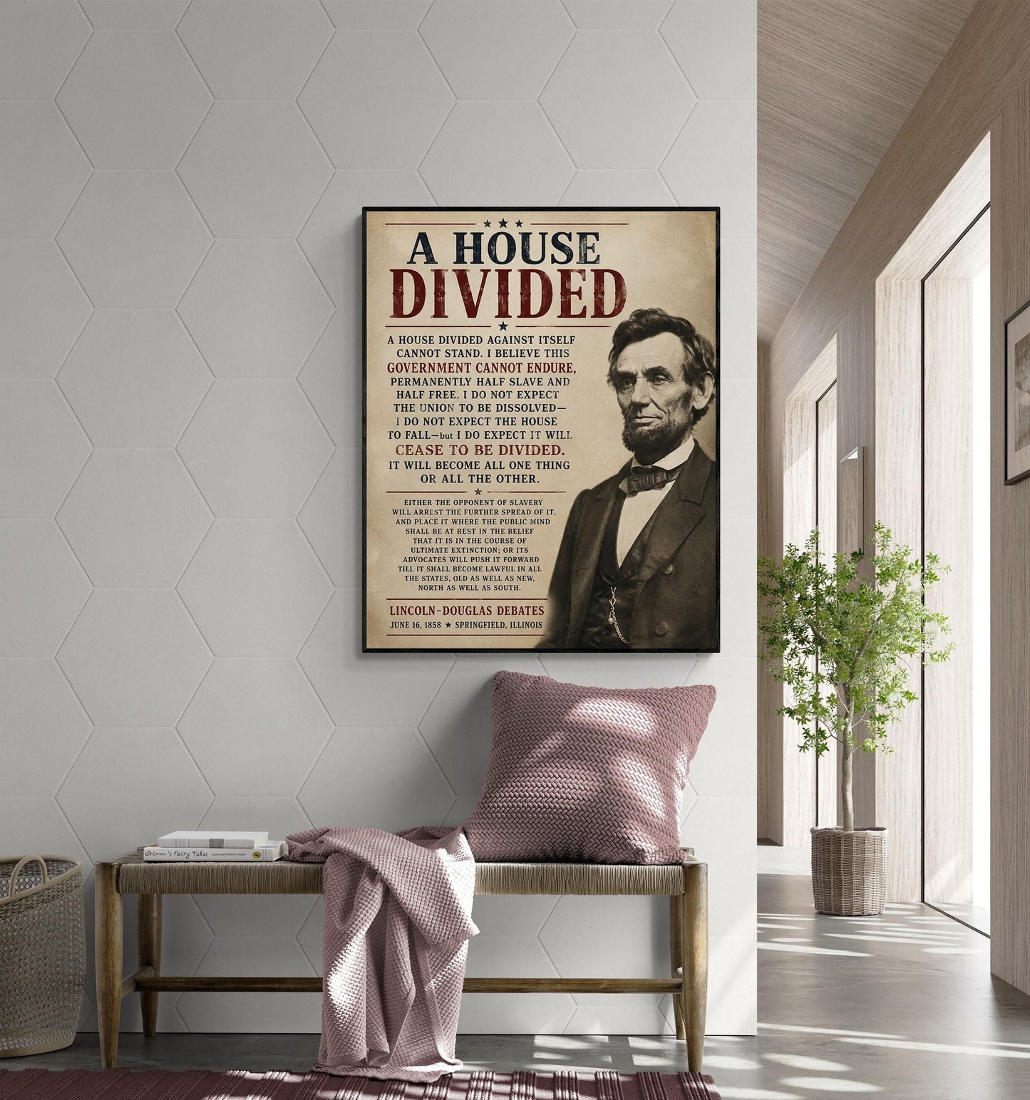 Abraham Lincoln House Divided Speech Wall Art Print | American Civil War | Historical Americana | Beige Vintage Patriotic | Home Decor