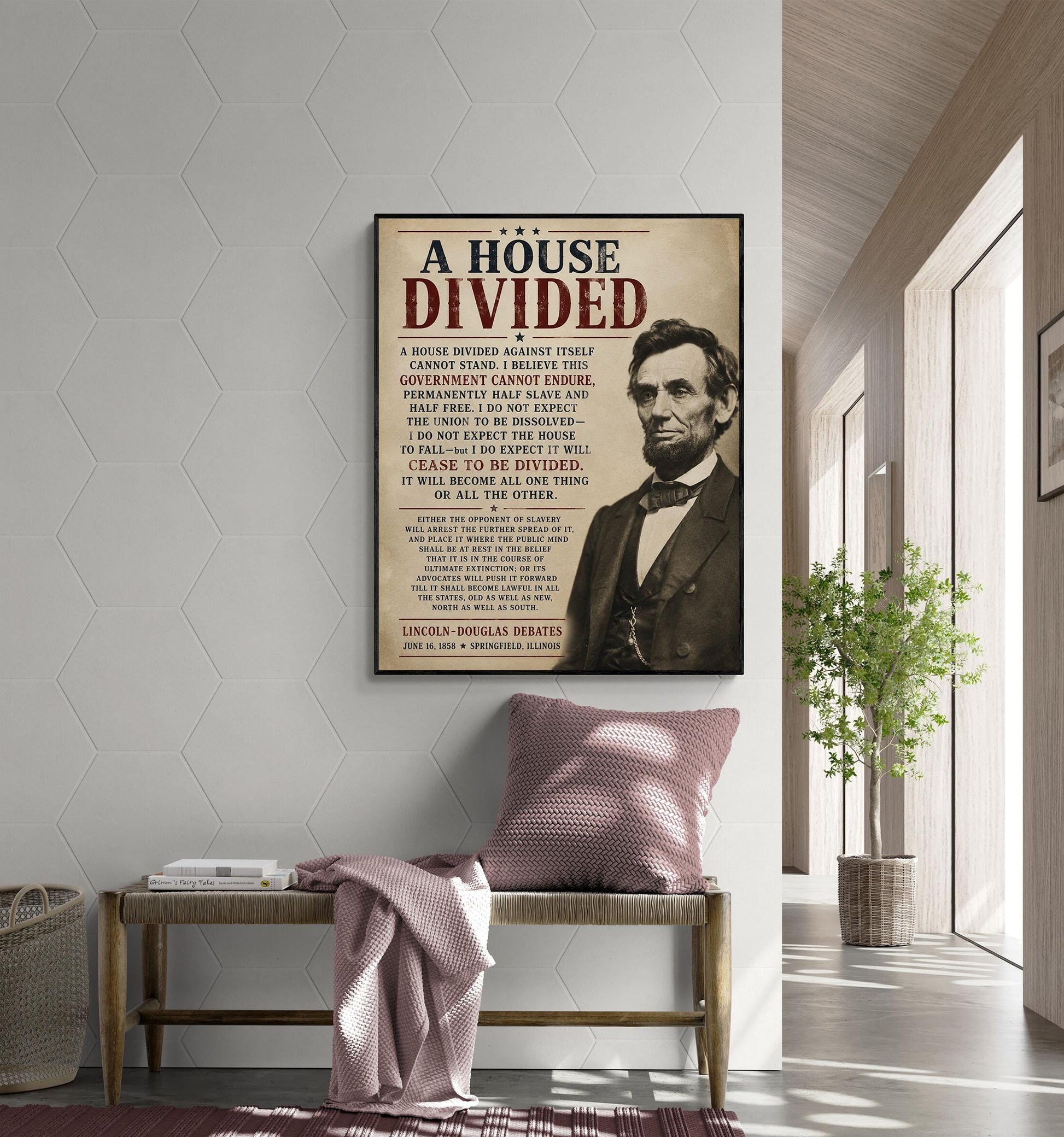 Abraham Lincoln House Divided Speech Wall Art Print | American Civil War | Historical Americana | Beige Vintage Patriotic | Home Decor