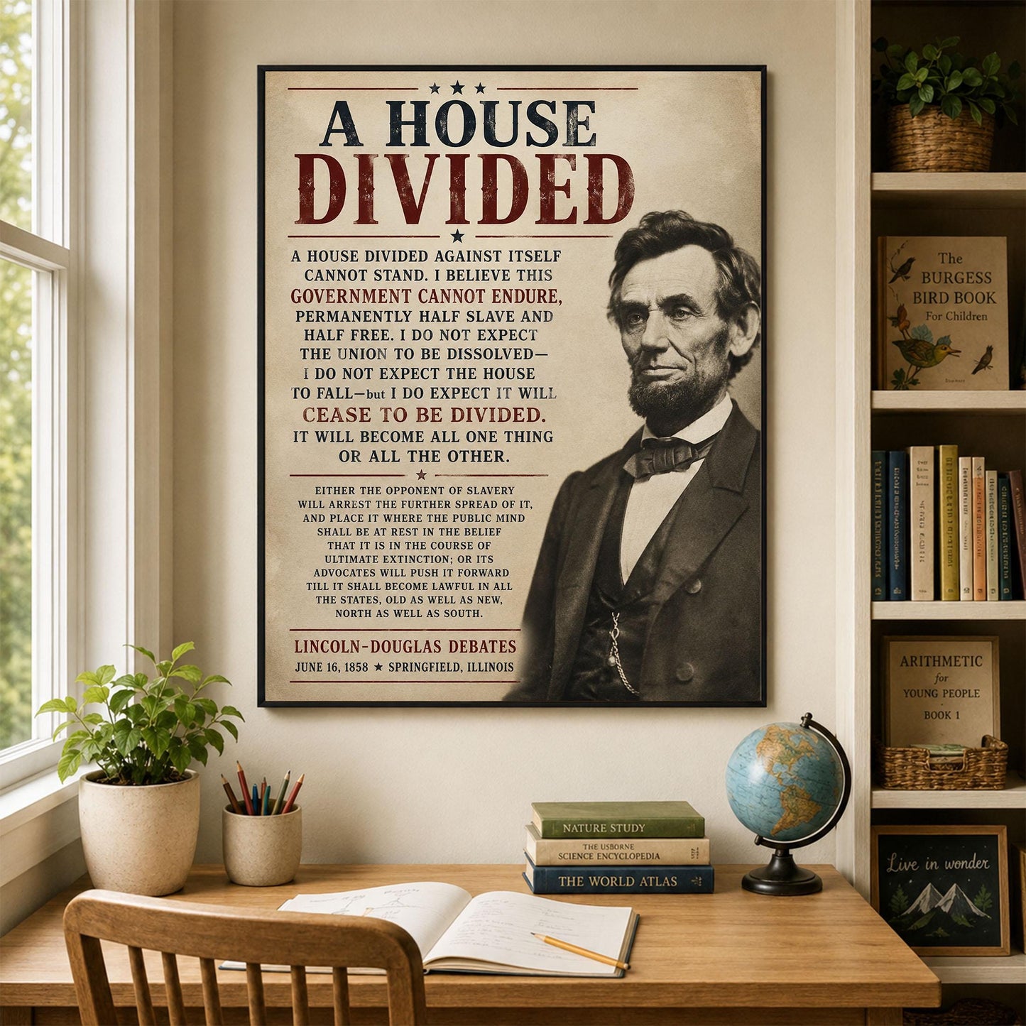 Abraham Lincoln House Divided Speech Wall Art Print | American Civil War | Historical Americana | Beige Vintage Patriotic | Home Decor