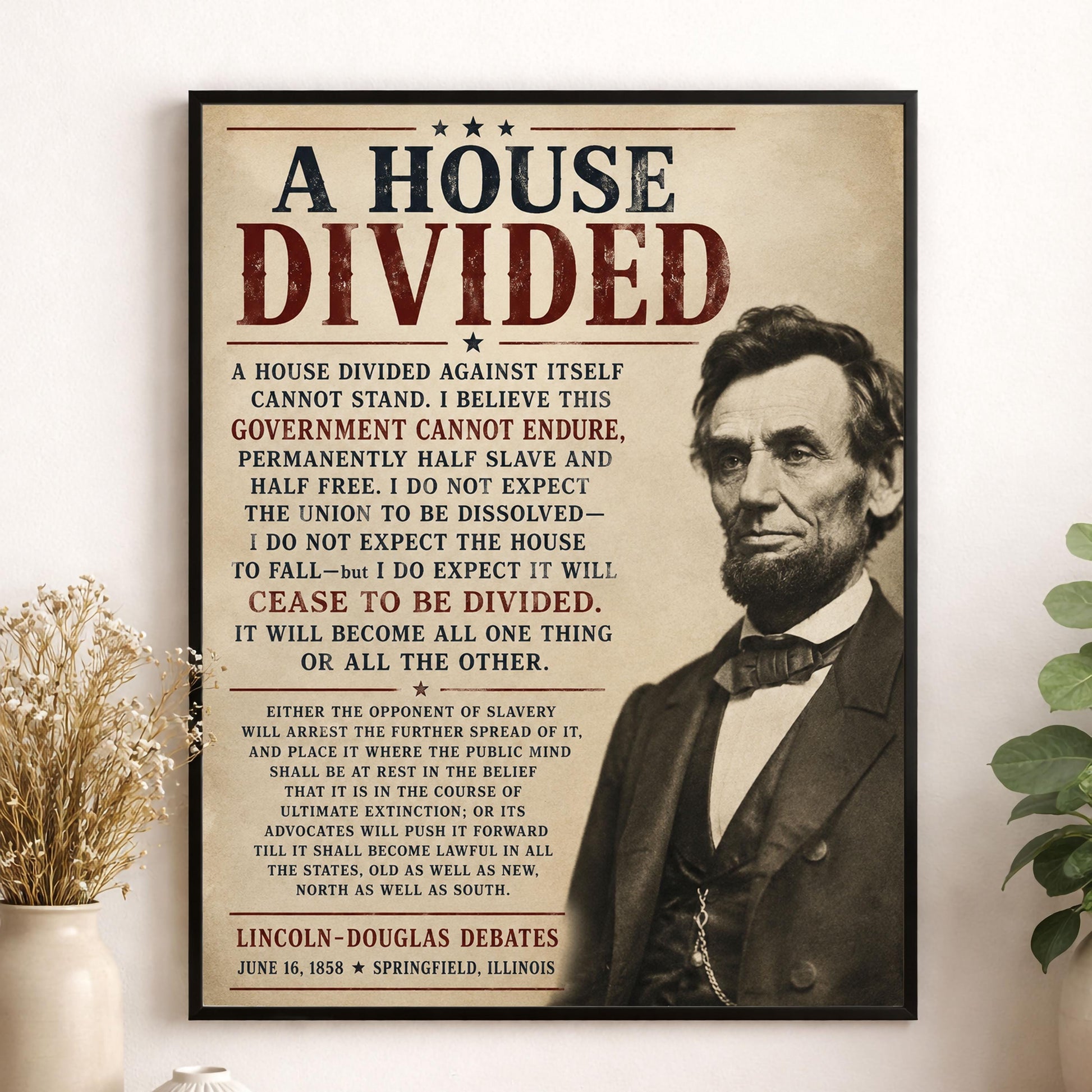 Abraham Lincoln House Divided Speech Wall Art Print | American Civil War | Historical Americana | Beige Vintage Patriotic | Home Decor
