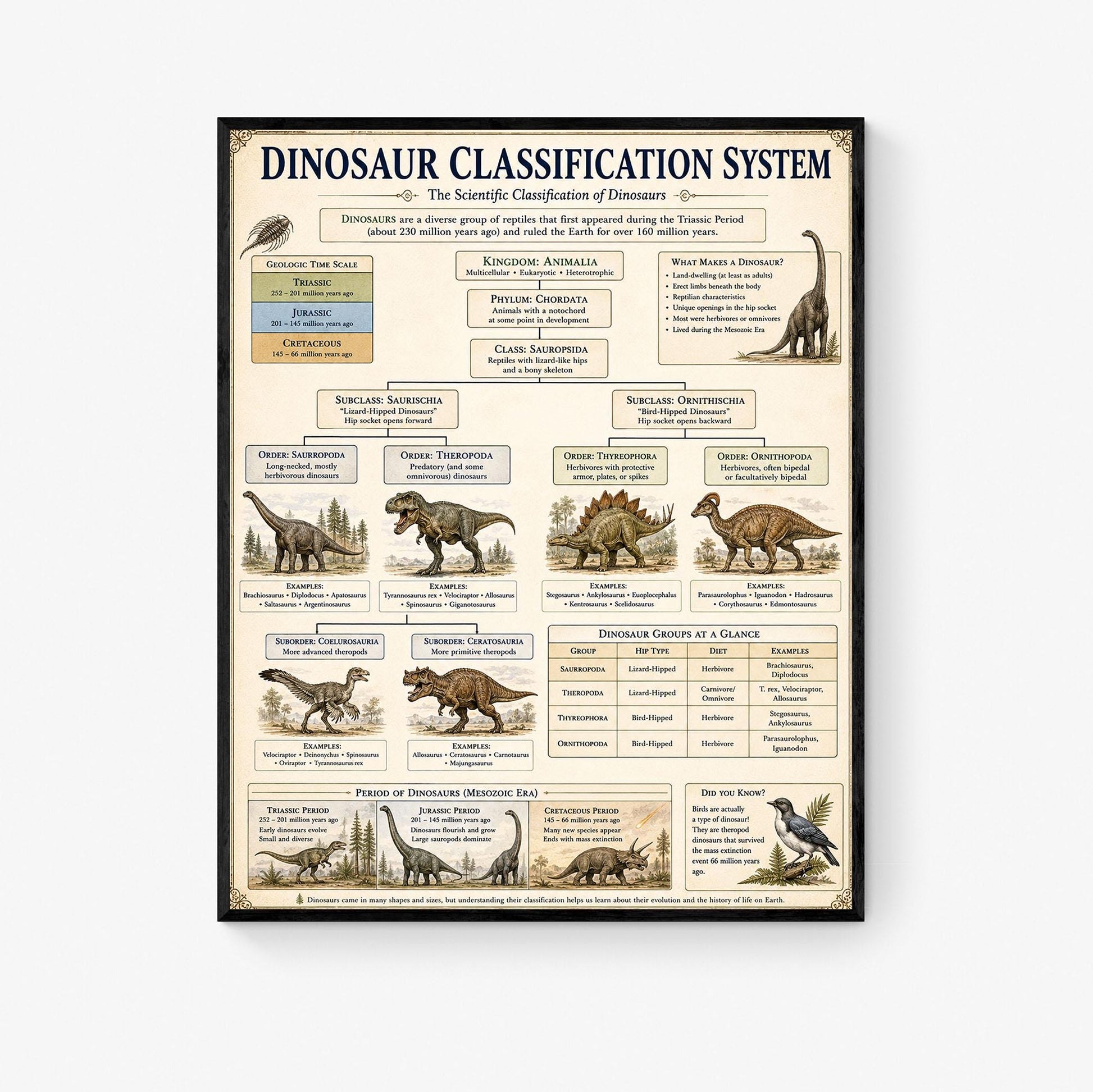 Dinosaur Classification System Chart Wall Art Print, Classical Learning Poster, Teacher Classroom Reference, Homeschool, Science Room Decor