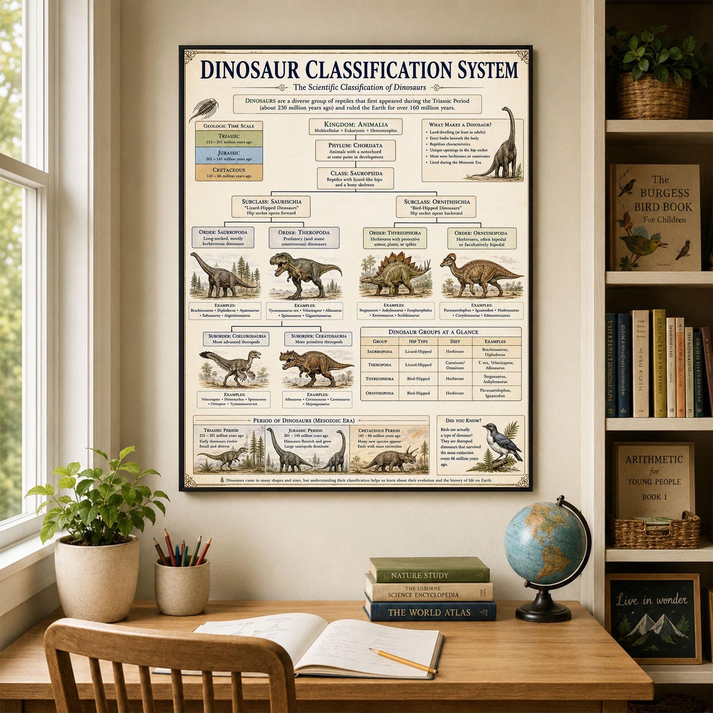 Dinosaur Classification System Chart Wall Art Print, Classical Learning Poster, Teacher Classroom Reference, Homeschool, Science Room Decor