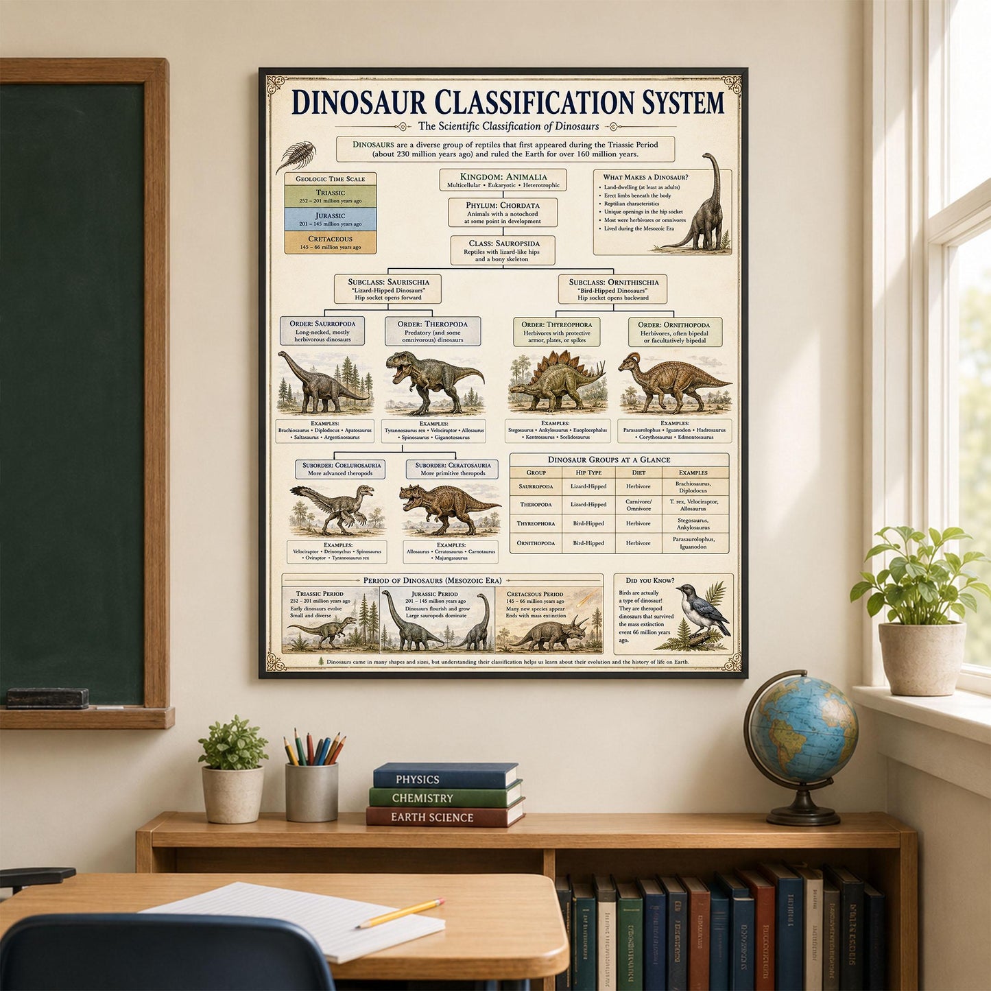 Dinosaur Classification System Chart Wall Art Print, Classical Learning Poster, Teacher Classroom Reference, Homeschool, Science Room Decor