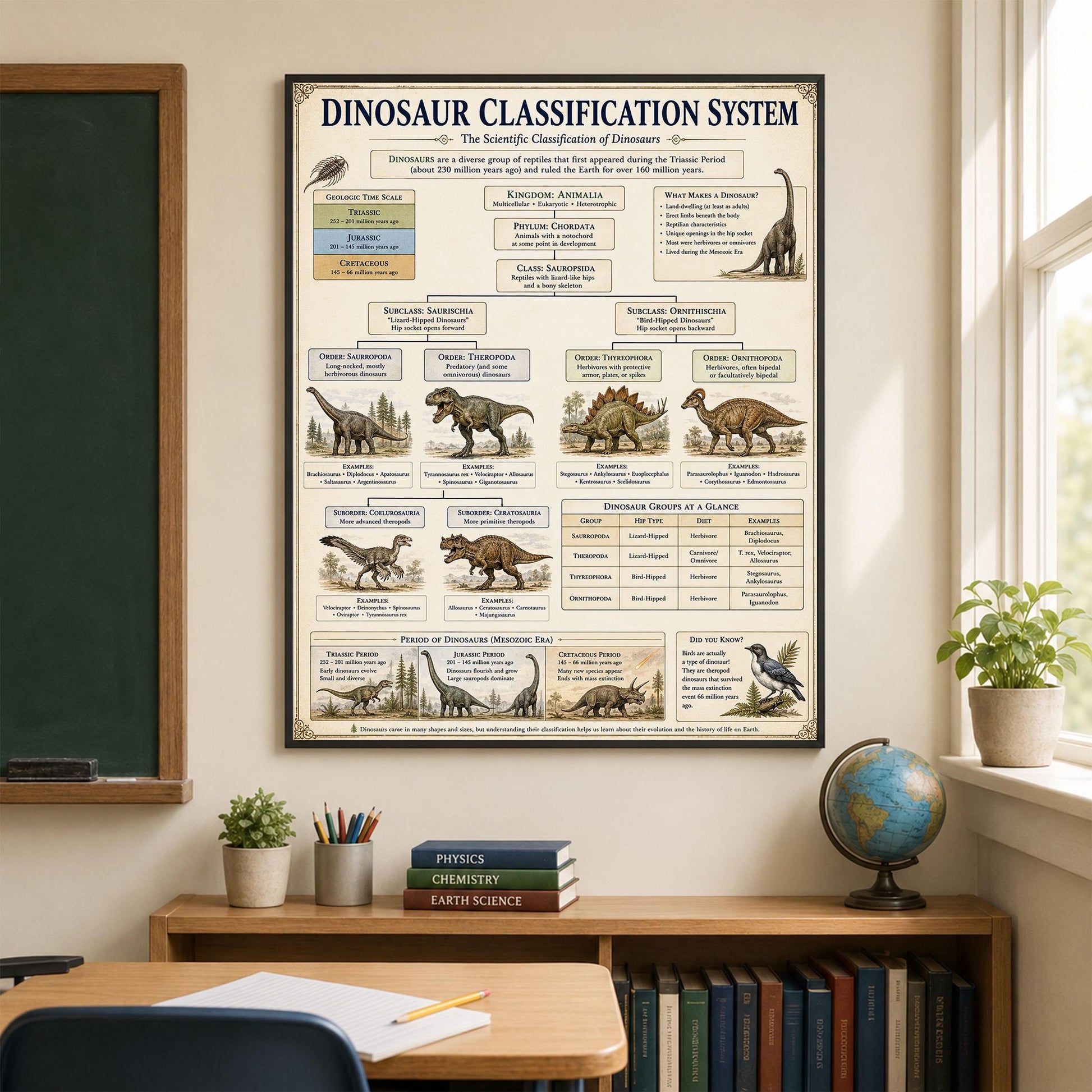 Dinosaur Classification System Chart Wall Art Print, Classical Learning Poster, Teacher Classroom Reference, Homeschool, Science Room Decor