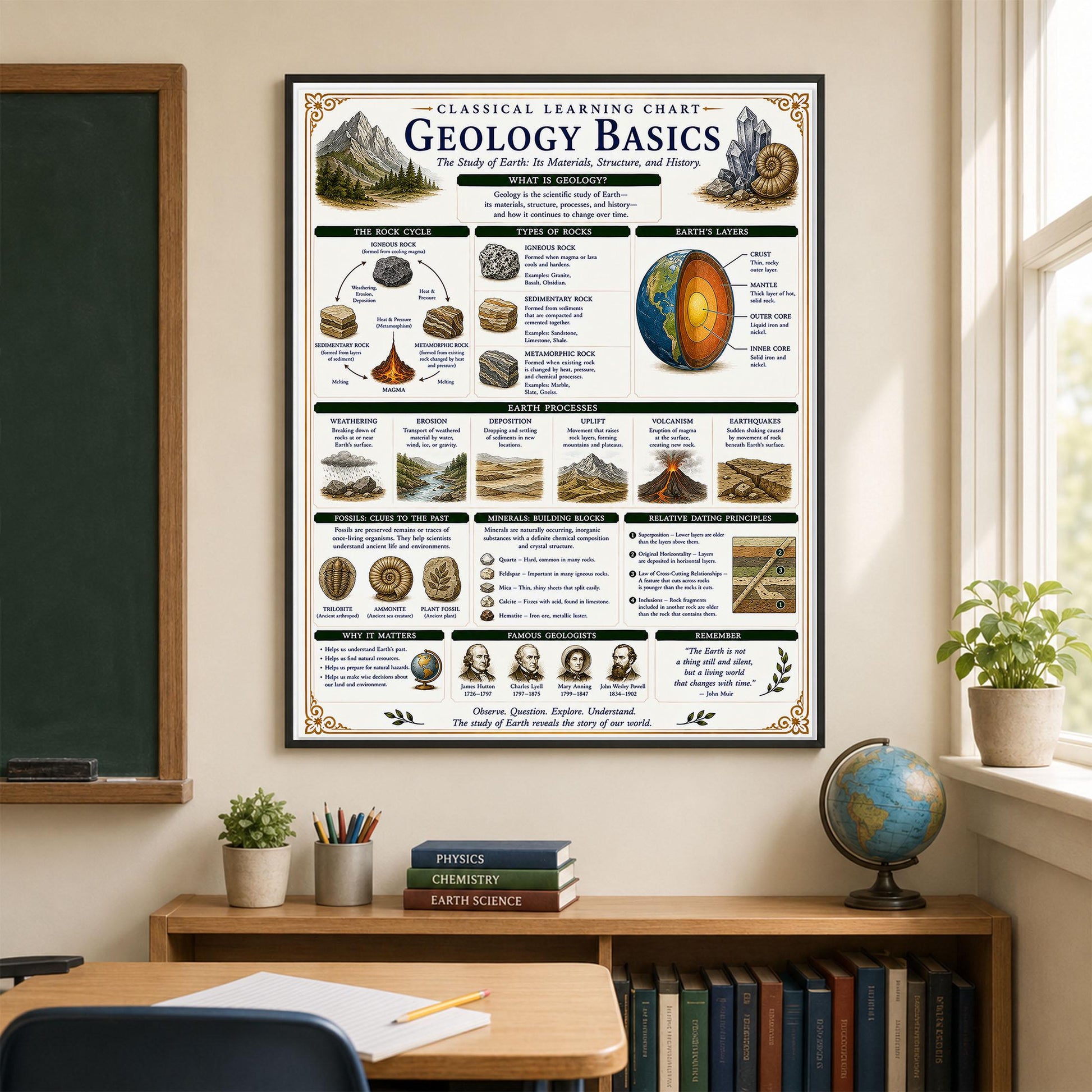 Geology Basics Chart Wall Art Print, Classical Learning Poster, STEM Teacher Classroom Reference, Homeschool, Earth Science Room Decor