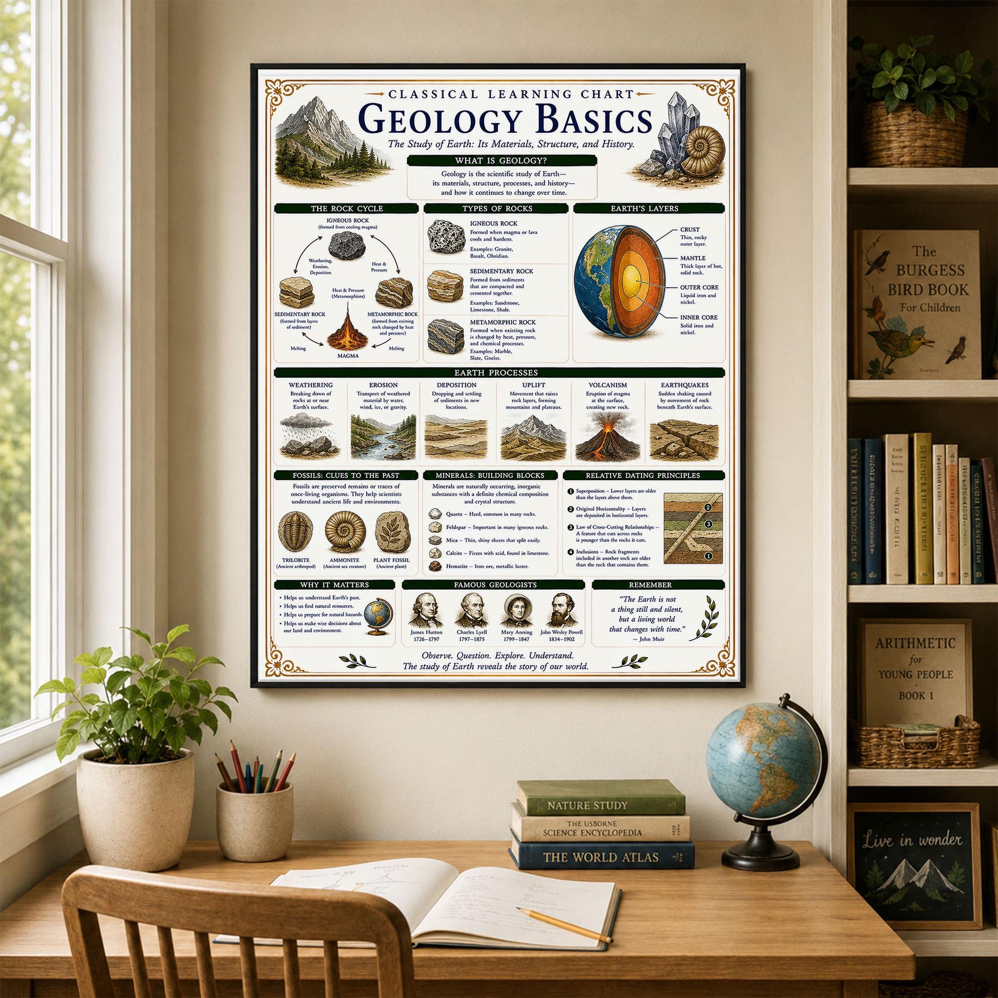 Geology Basics Chart Wall Art Print, Classical Learning Poster, STEM Teacher Classroom Reference, Homeschool, Earth Science Room Decor