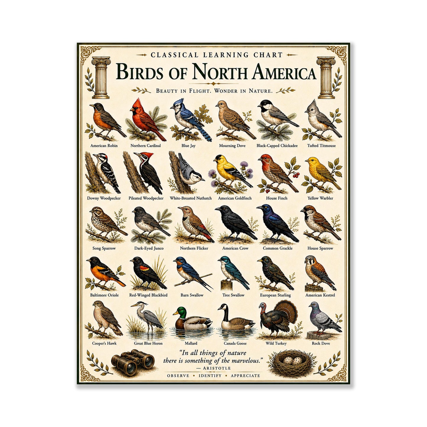 Birds of North America Chart Wall Art Print, Classical Learning Poster, Teacher Classroom Reference, Homeschool, Science Birdwatching Decor
