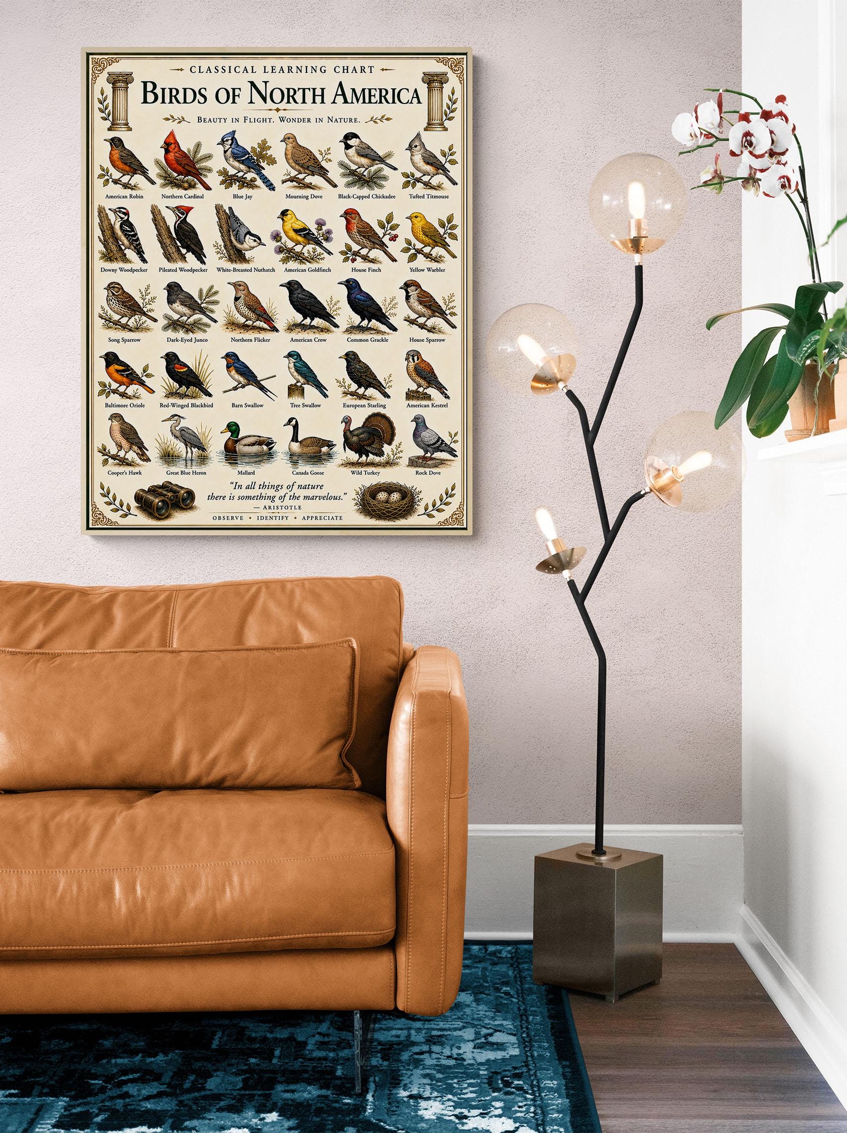 Birds of North America Chart Wall Art Print, Classical Learning Poster, Teacher Classroom Reference, Homeschool, Science Birdwatching Decor
