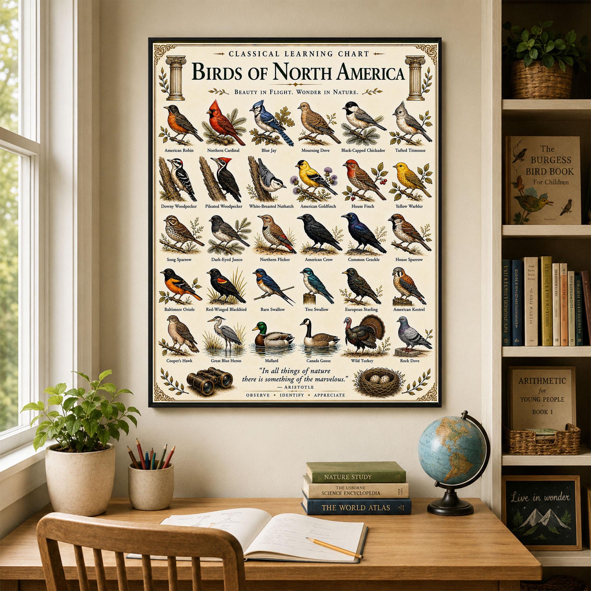 Birds of North America Chart Wall Art Print, Classical Learning Poster, Teacher Classroom Reference, Homeschool, Science Birdwatching Decor