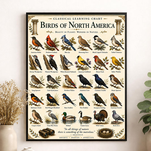 Birds of North America Chart Wall Art Print, Classical Learning Poster, Teacher Classroom Reference, Homeschool, Science Birdwatching Decor